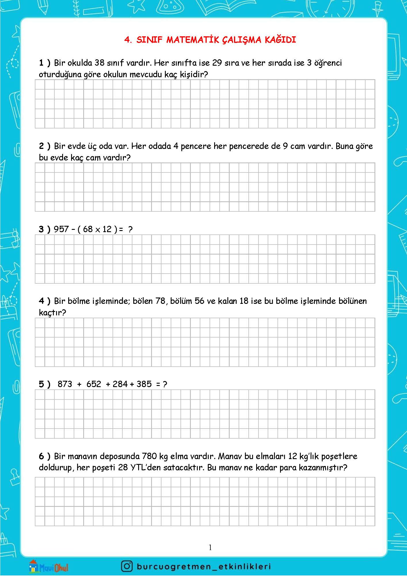 4. SINIF MATEMATİK ÇALIŞMA KAĞIDI