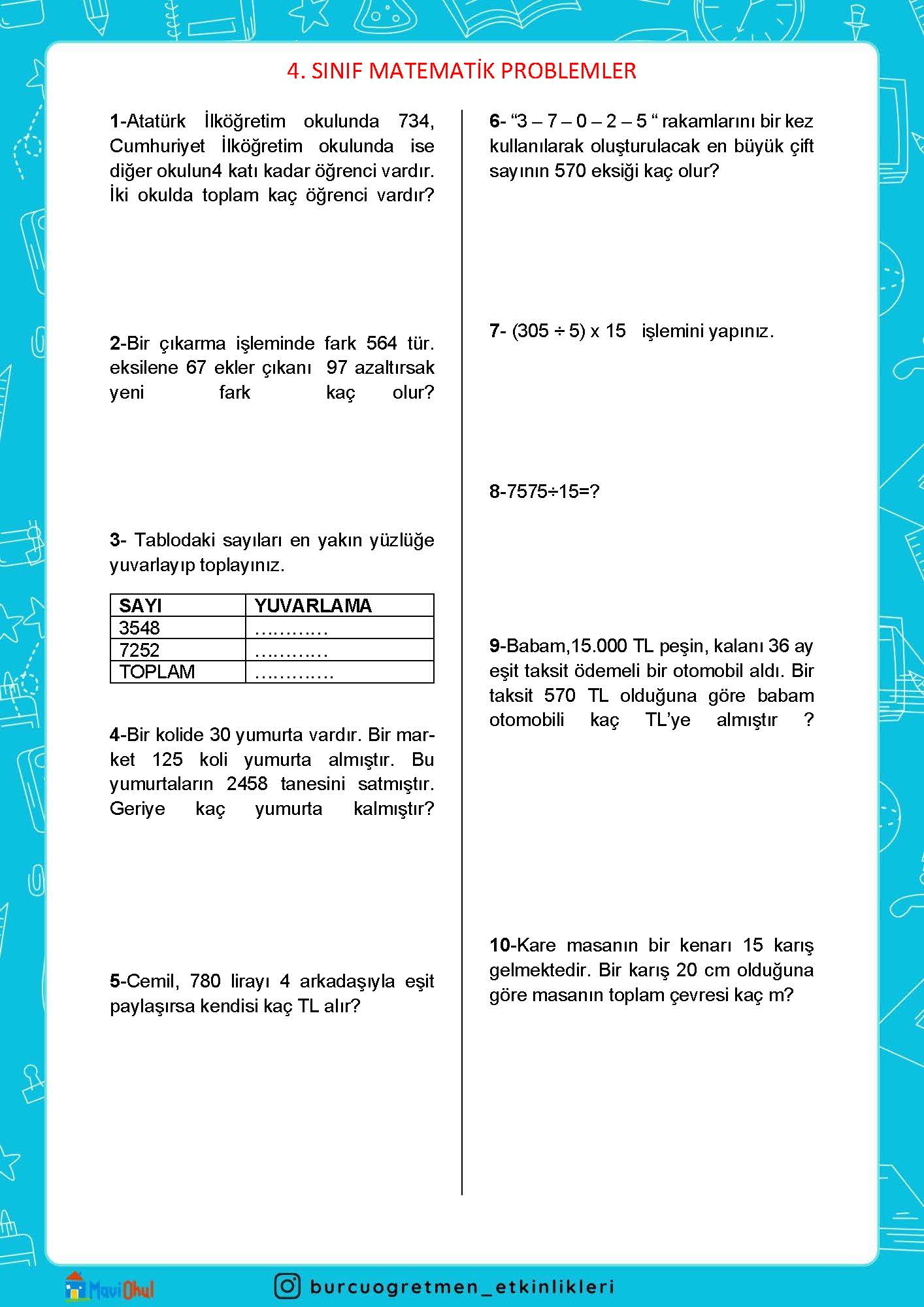 4. SINIF MATEMATİK PROBLEMLER