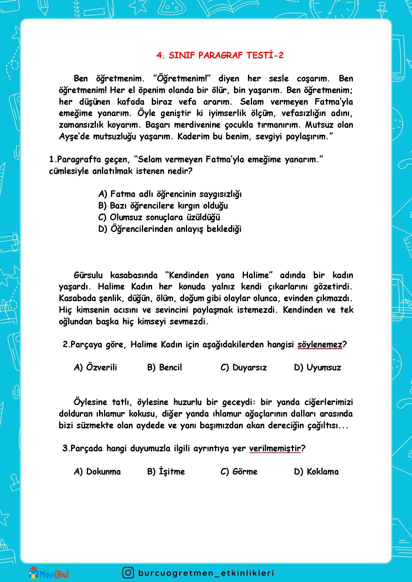 4. SINIF PARAGRAF TESTİ-2