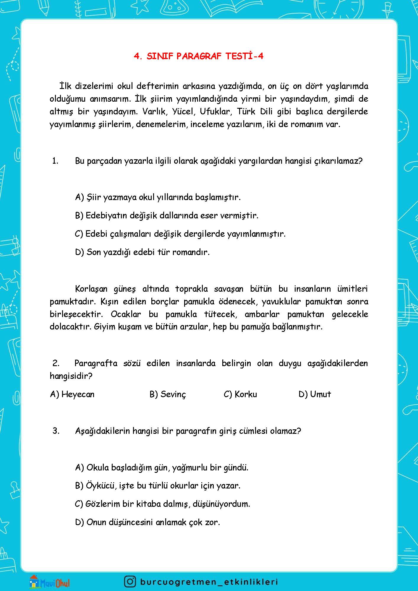 4. SINIF PARAGRAF TESTİ-4