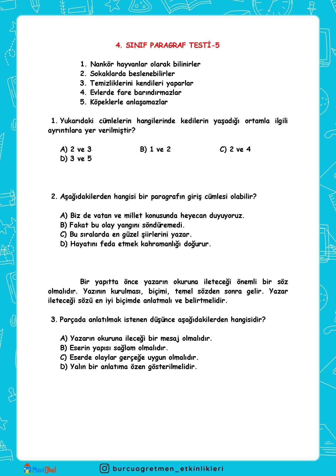 4. SINIF PARAGRAF TESTİ-5