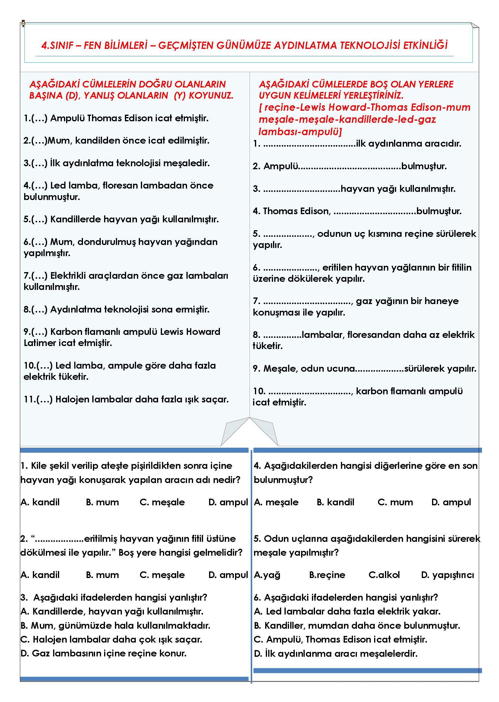 4.Sınıf Fen Bilimleri Geçmişten Günümüze Aydınlatma Teknolojisi Etkinliği