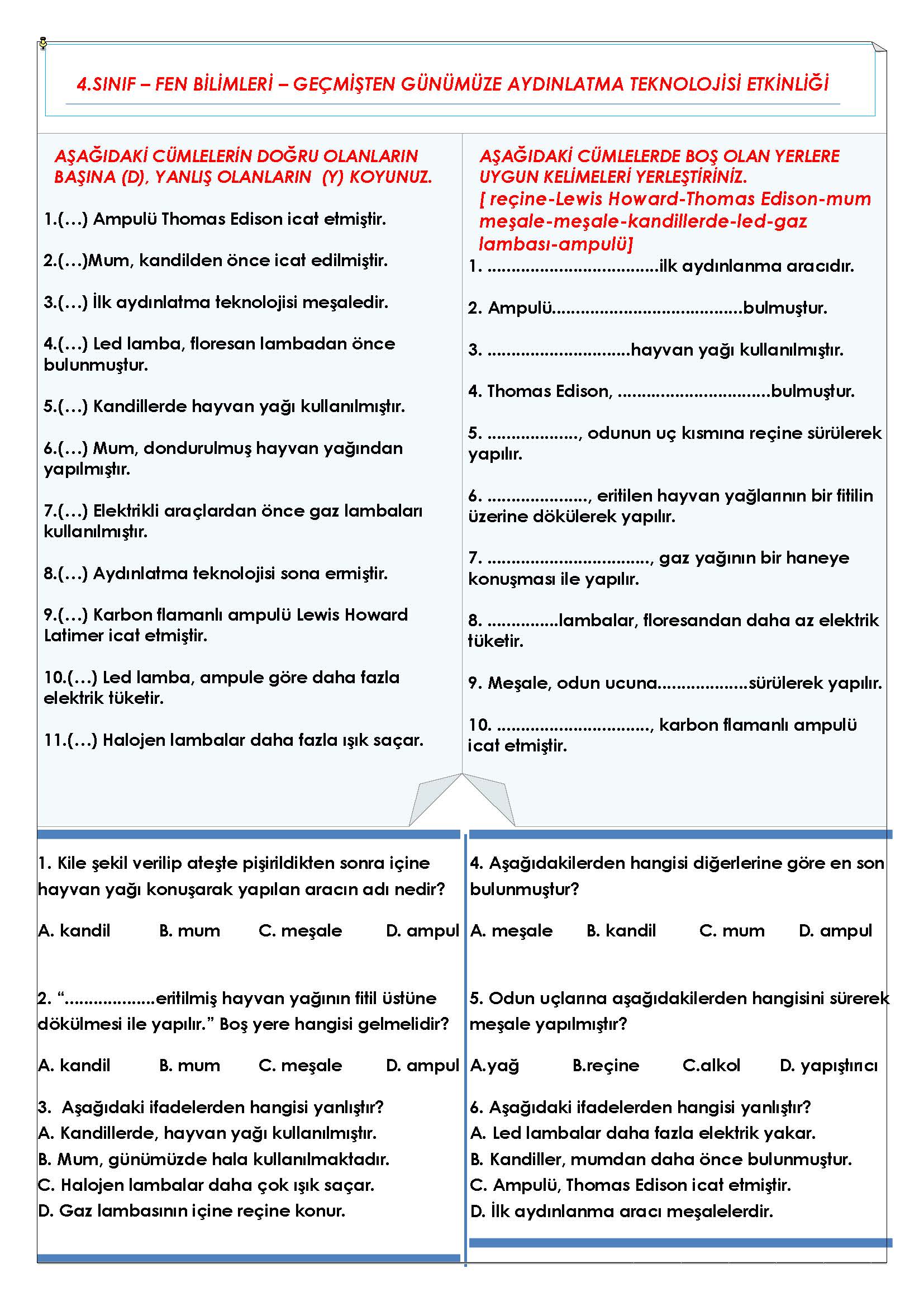 4.Sınıf Fen Bilimleri Geçmişten Günümüze Aydınlatma Teknolojisi Etkinliği