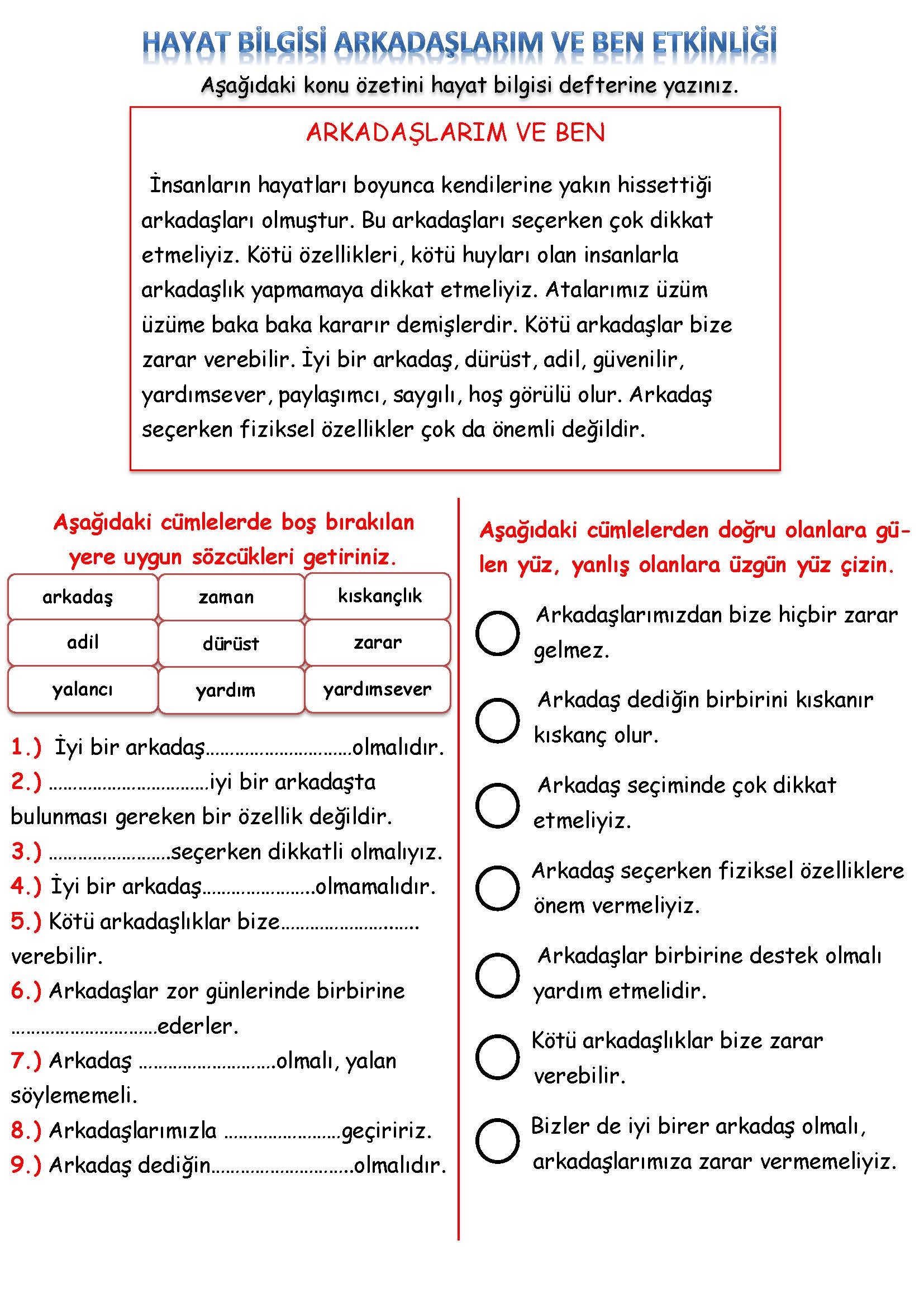 2. Sınıf Hayat Bilgisi Arkadaşlarım ve Ben Etkinliği