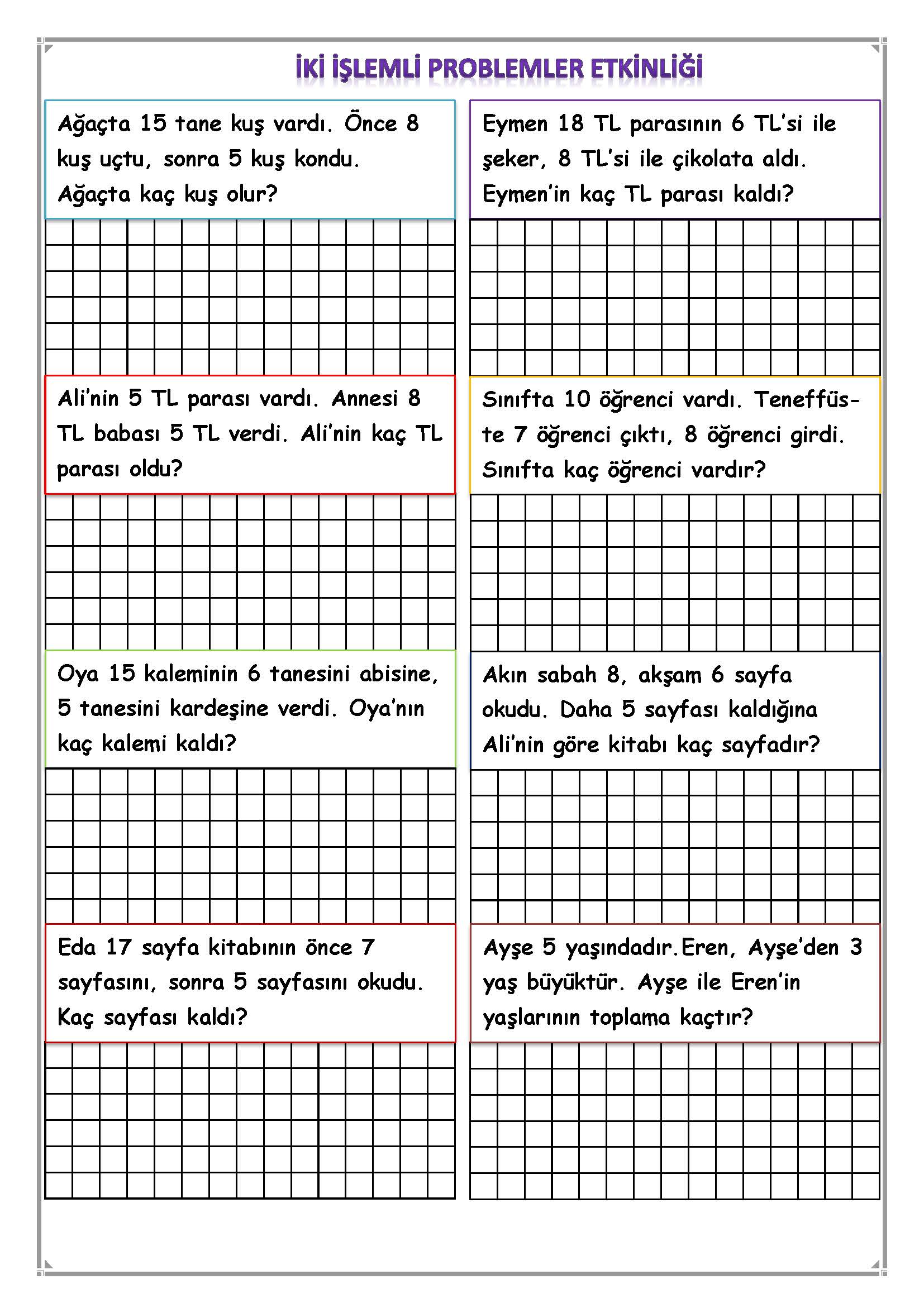 1. Sınıf Matematik İki İşlemli Problemler Etkinliği