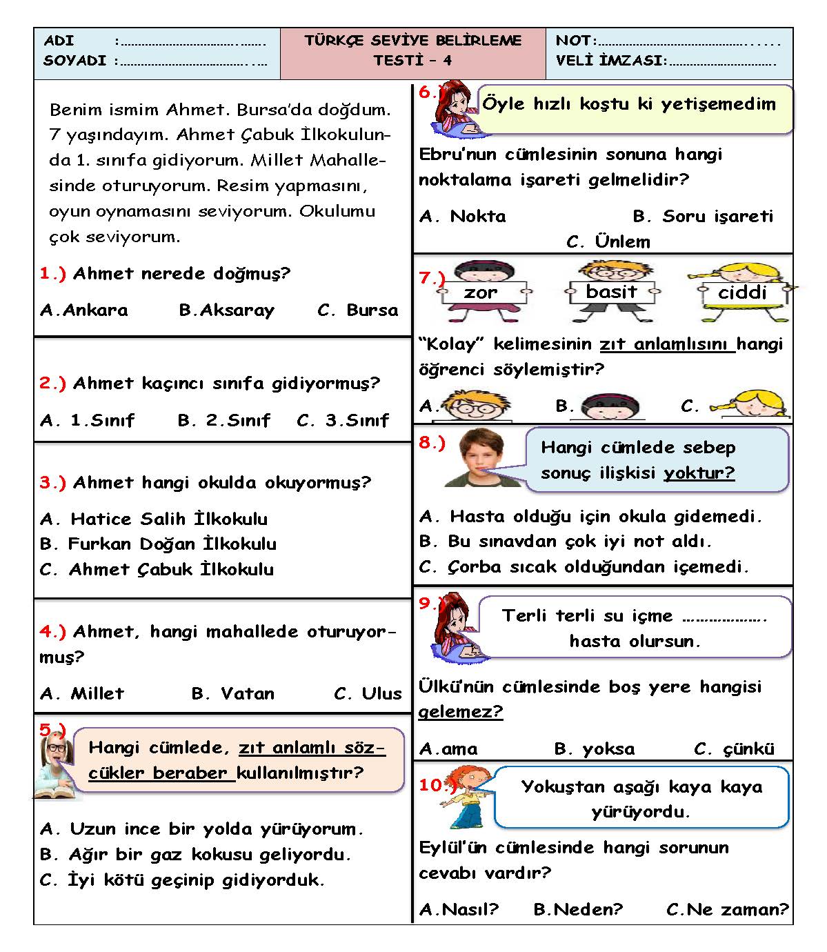 1. Sınıf Türkçe Seviye Belirleme Testi-4