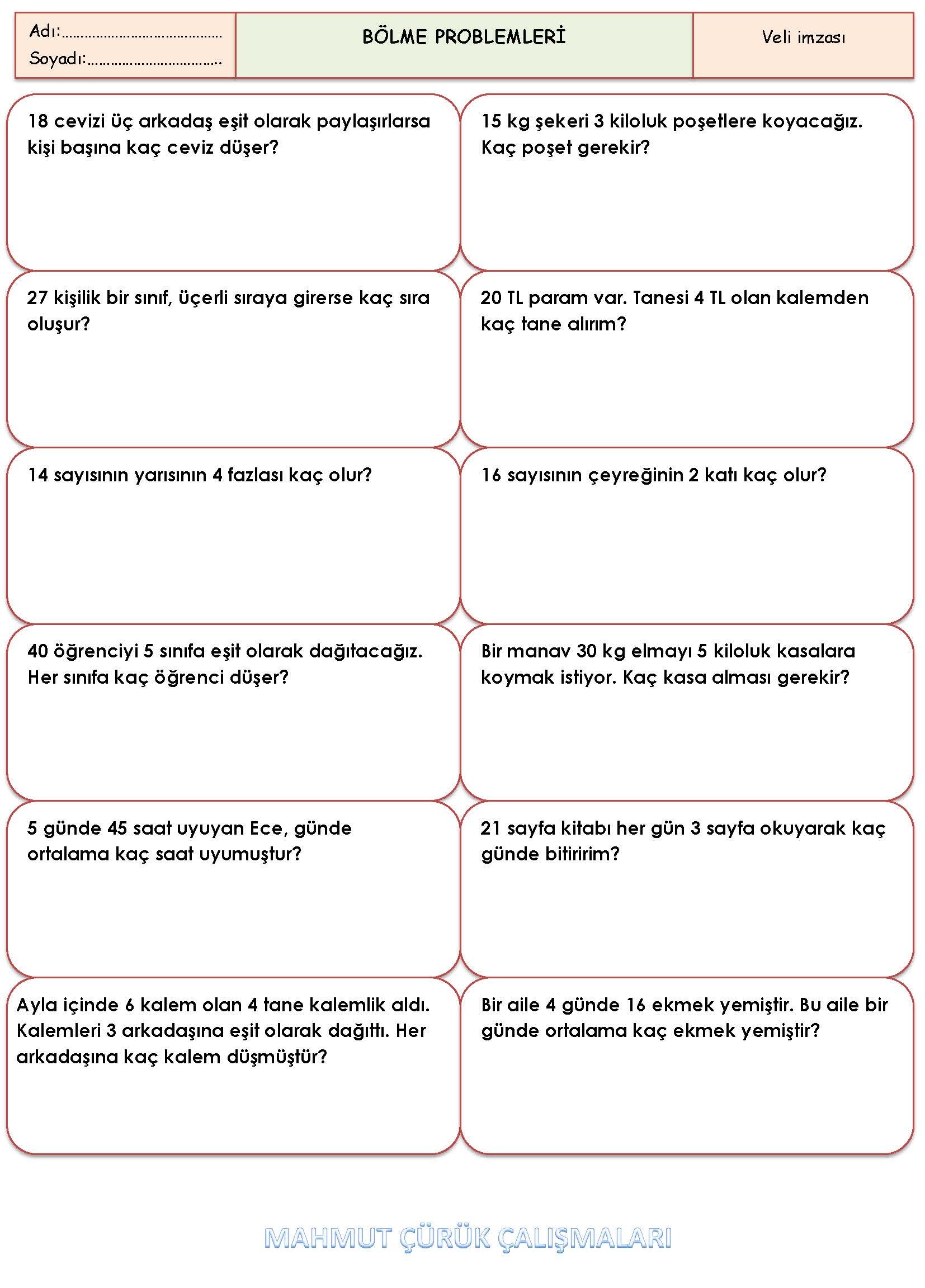 2. Sınıf Matematik Bölme Problemleri Etkinliği