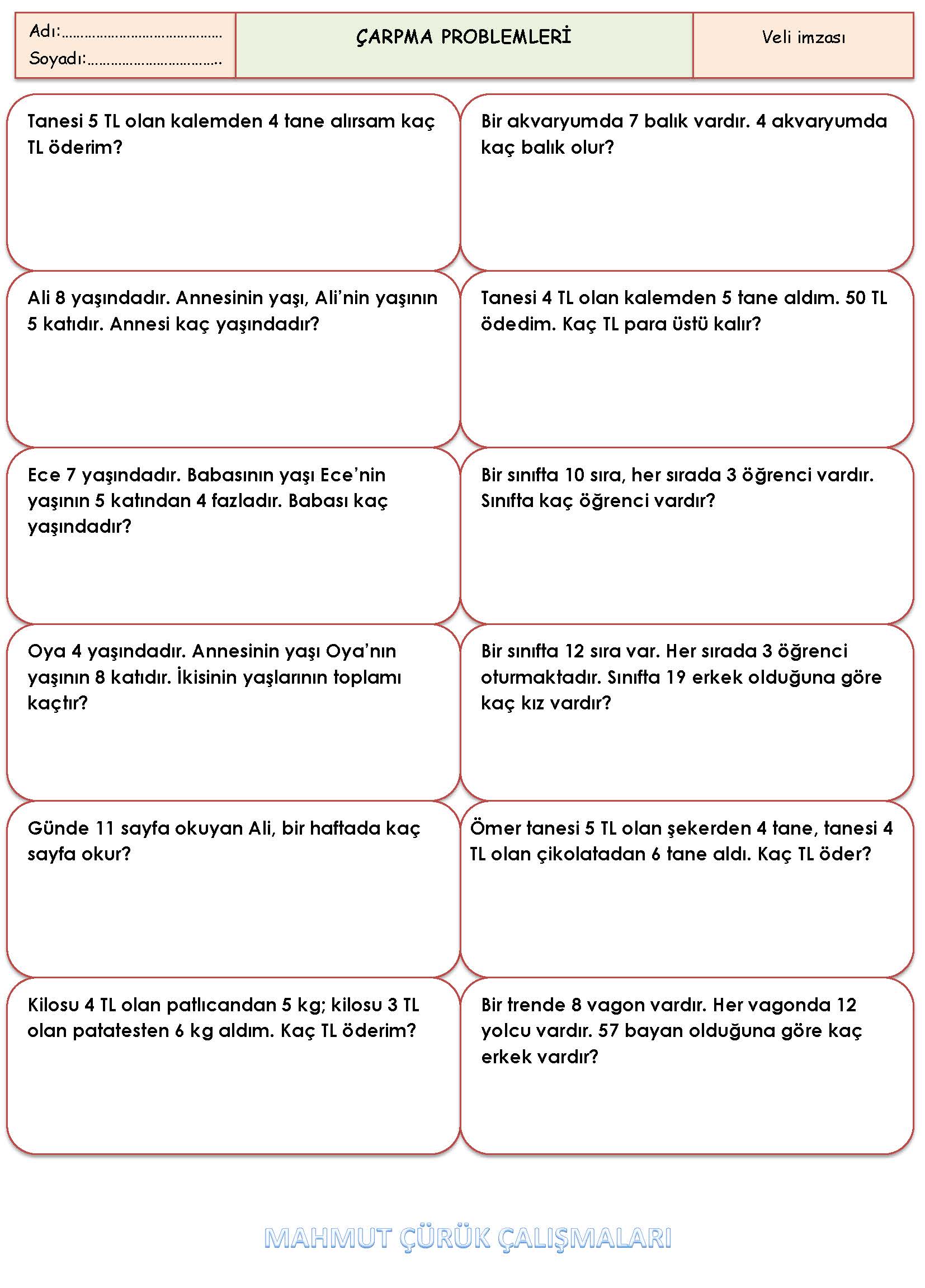 2. Sınıf Matematik Çarpma Problemleri Etkinliği