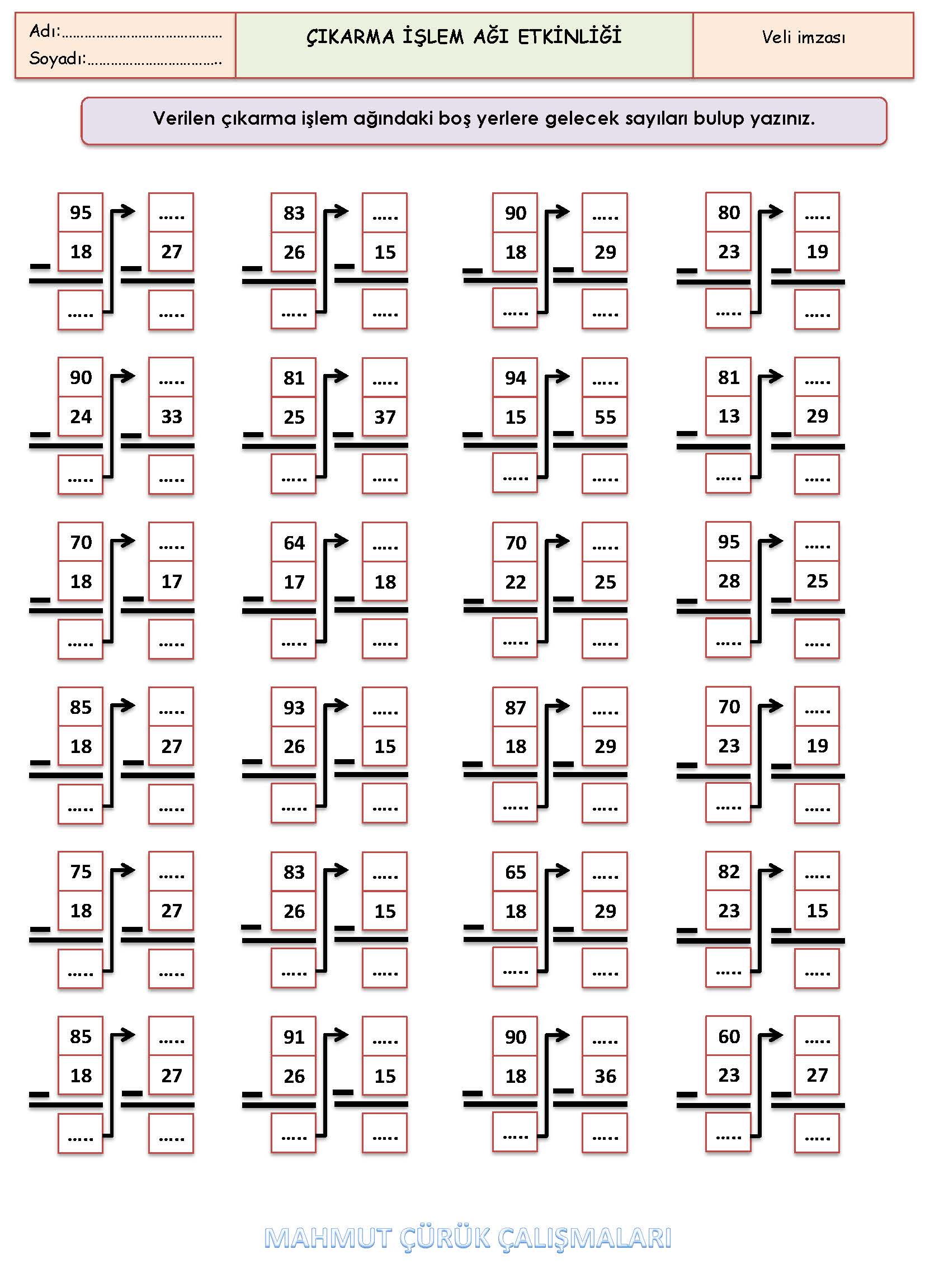 2. Sınıf Matematik Çıkarma İşlem Ağı Etkinliği