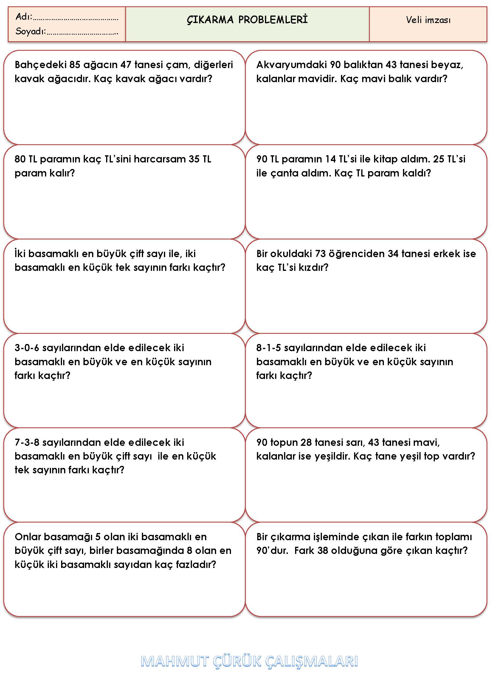 2. Sınıf Matematik Çıkarma Problemleri Etkinliği