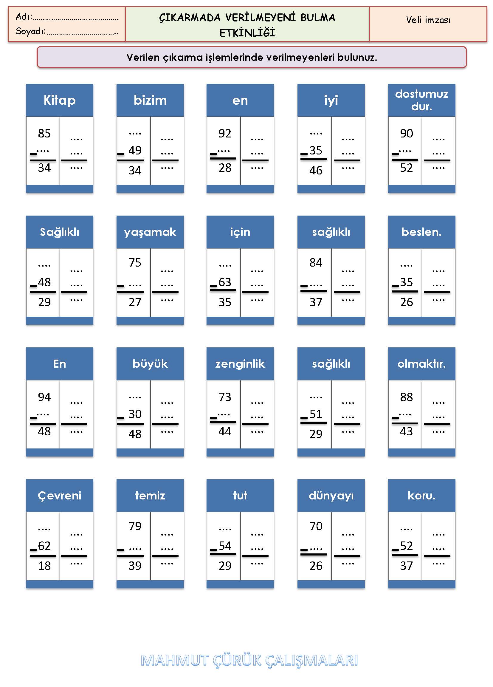 2. Sınıf Matematik Çıkarmada Verilmeyeni Bulma Etkinliği