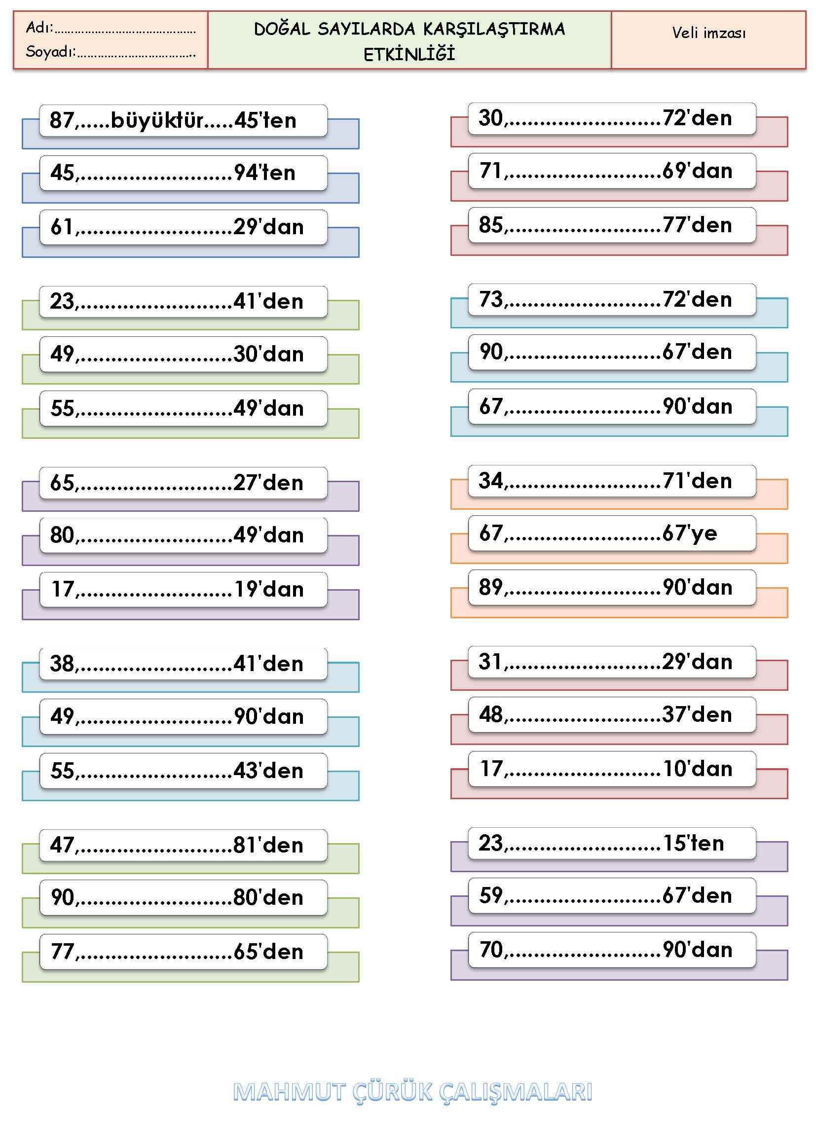 2. Sınıf Matematik Doğal Sayılarda Karşılaştırma Etkinliği