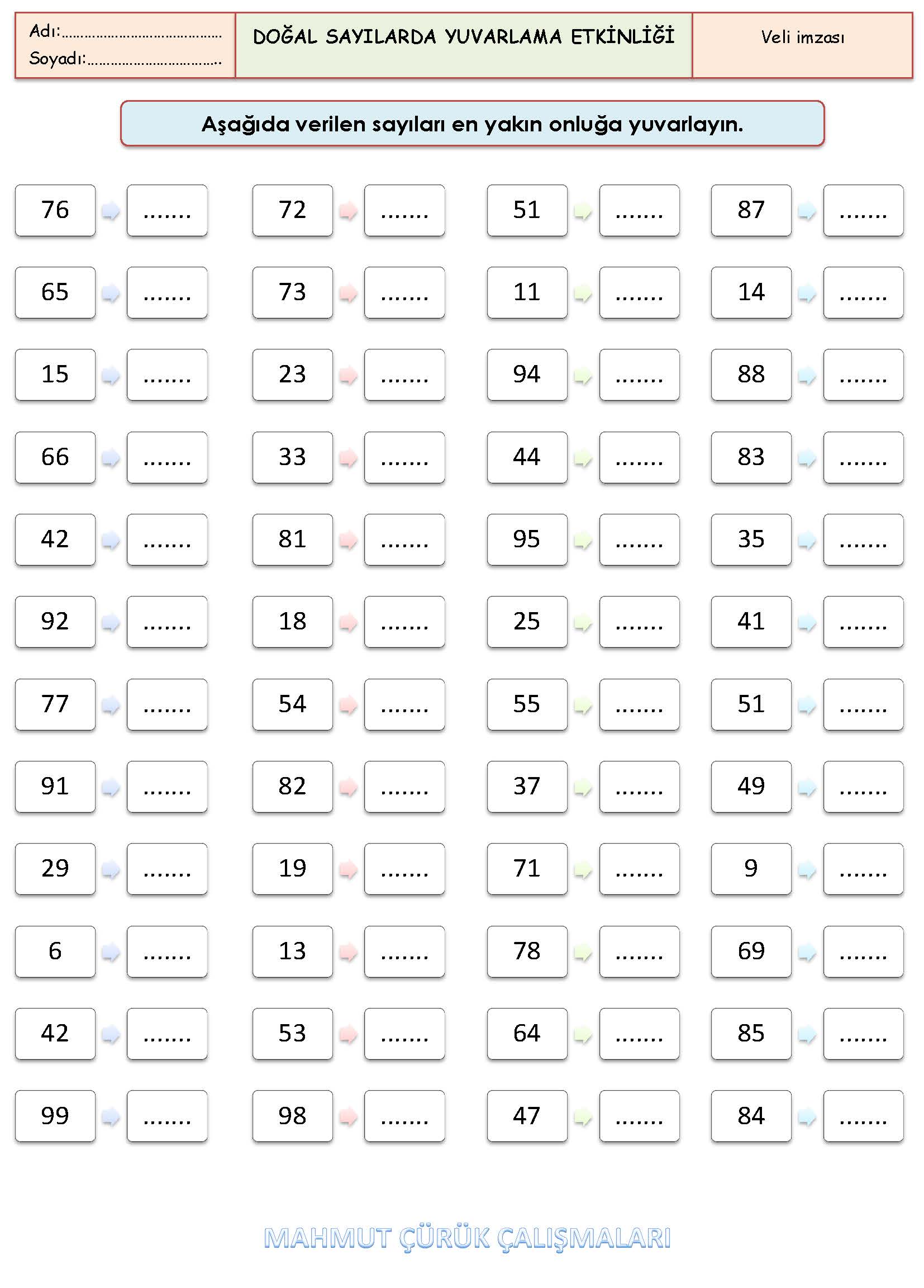 2. Sınıf Matematik Doğal Sayılarda Yuvarlama Etkinliği