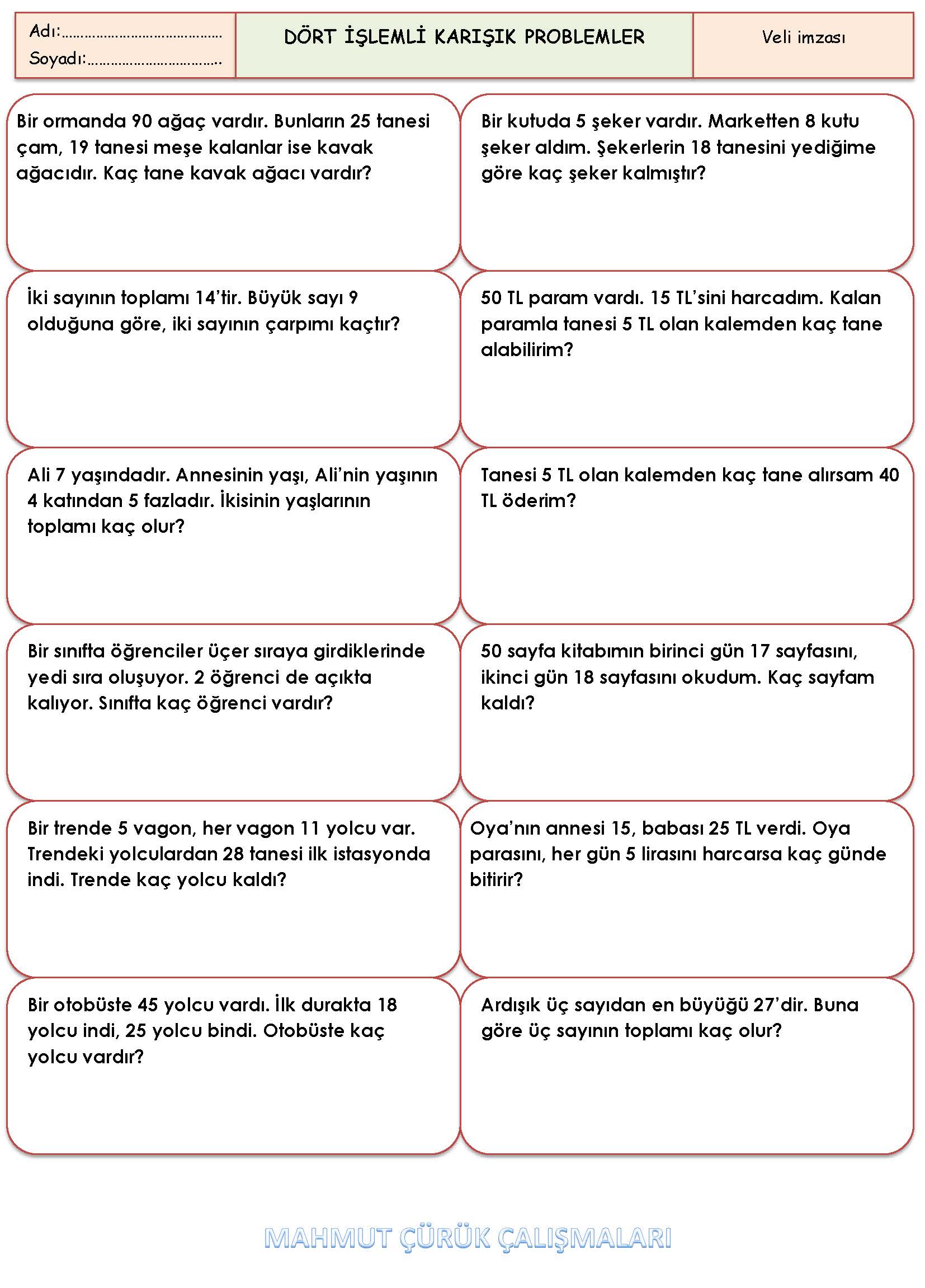 2. Sınıf Matematik Dört İşlemli Karışık Problemler Etkinliği