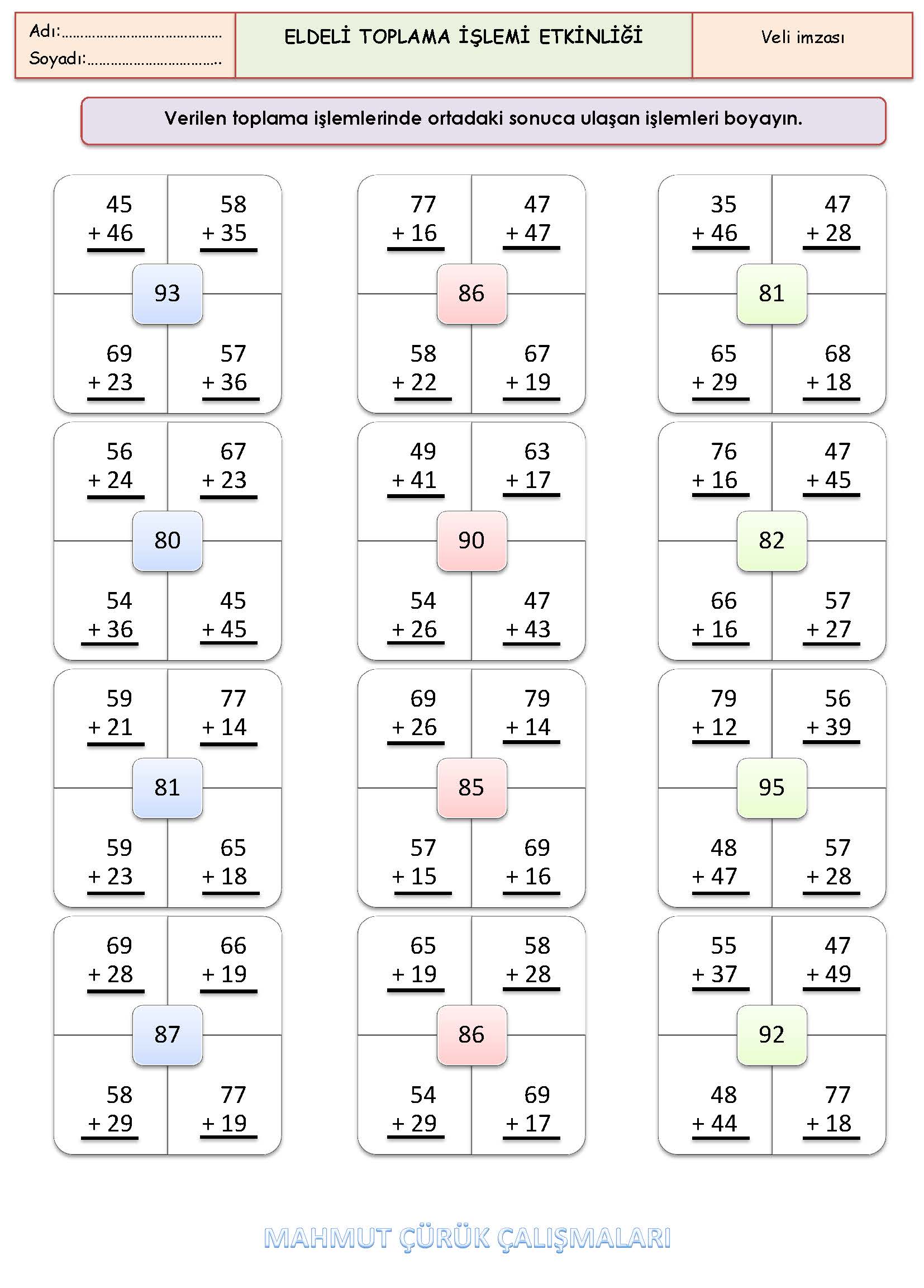 2. Sınıf Matematik Eldeli Toplama İşlemi Etkinliği