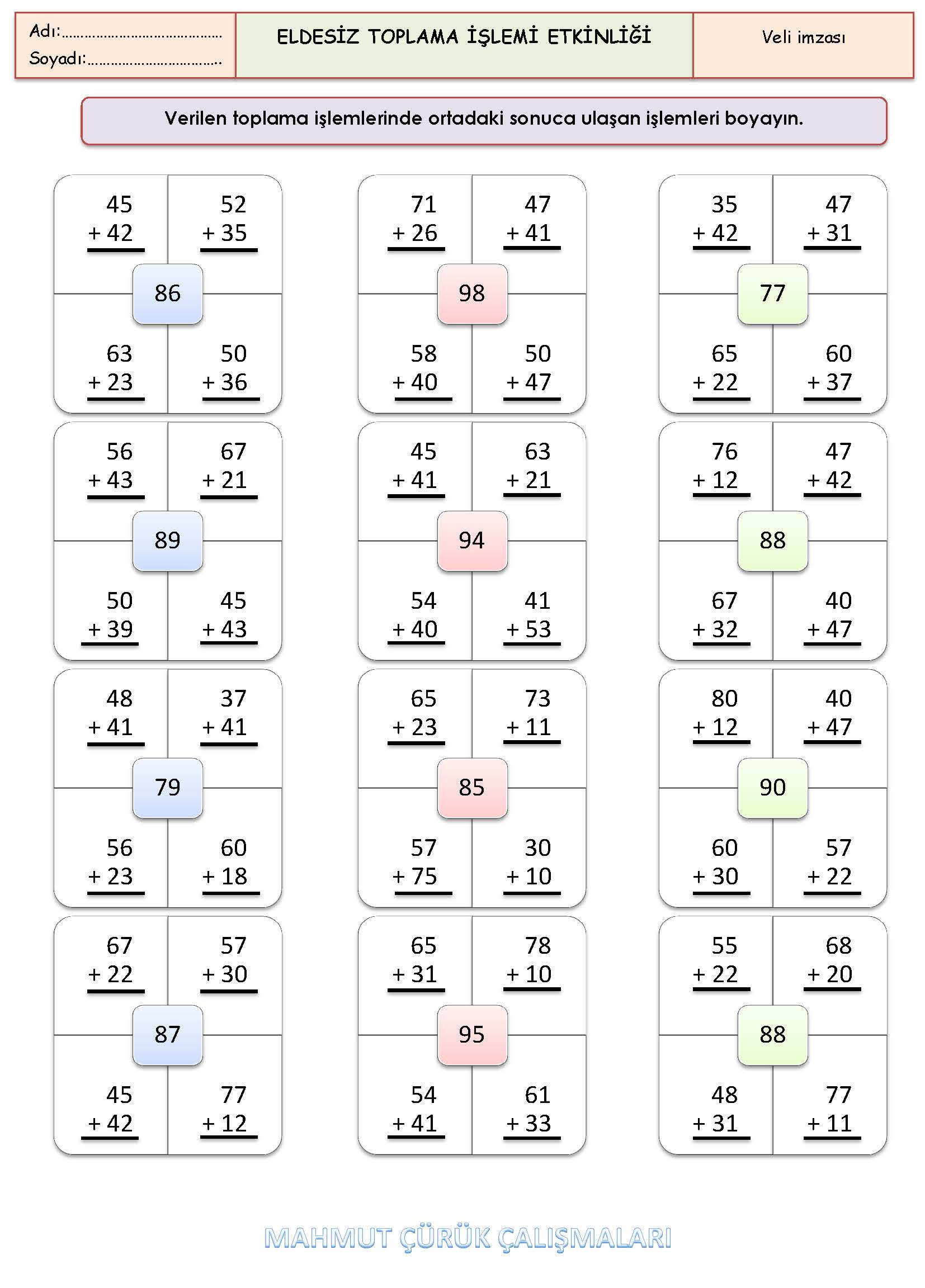 2. Sınıf Matematik Eldesiz Toplama İşlemi Etkinliği