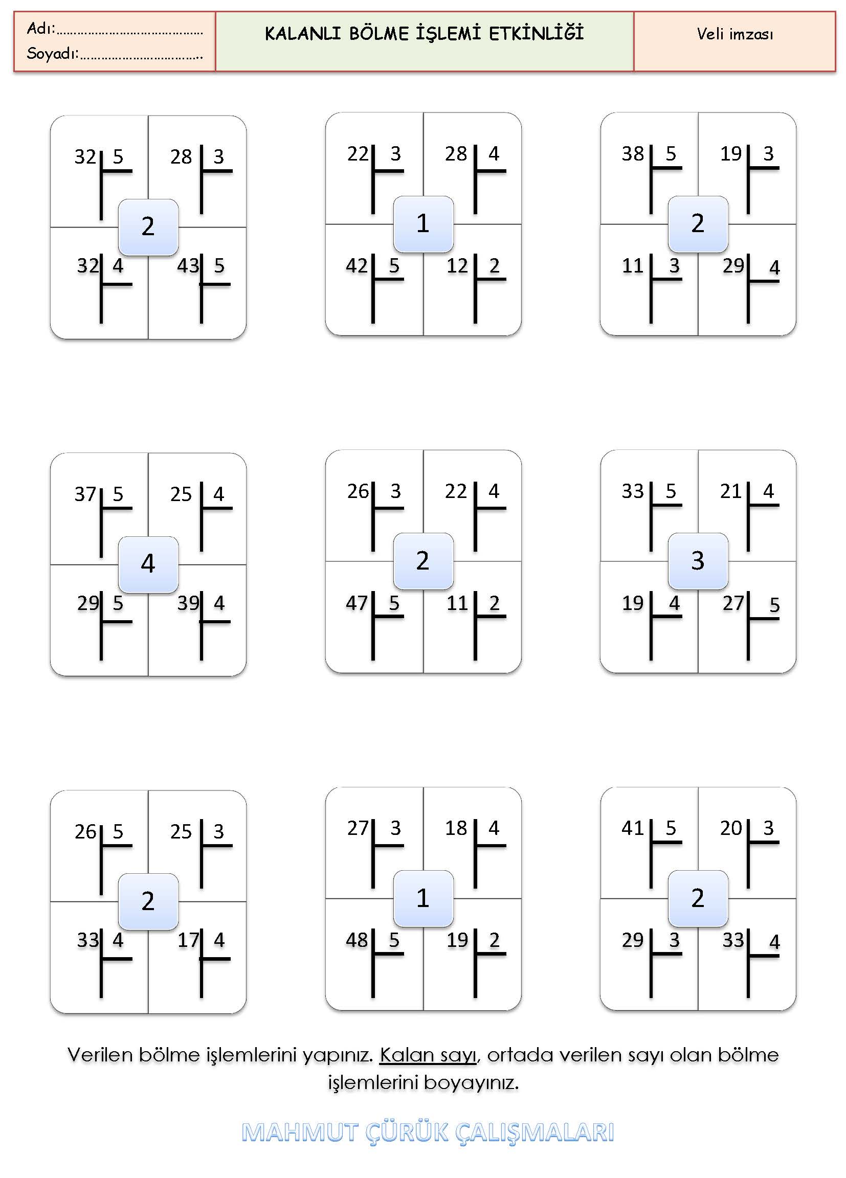 2 .Sınıf Matematik Kalanlı Bölme İşlemi Etkinliği