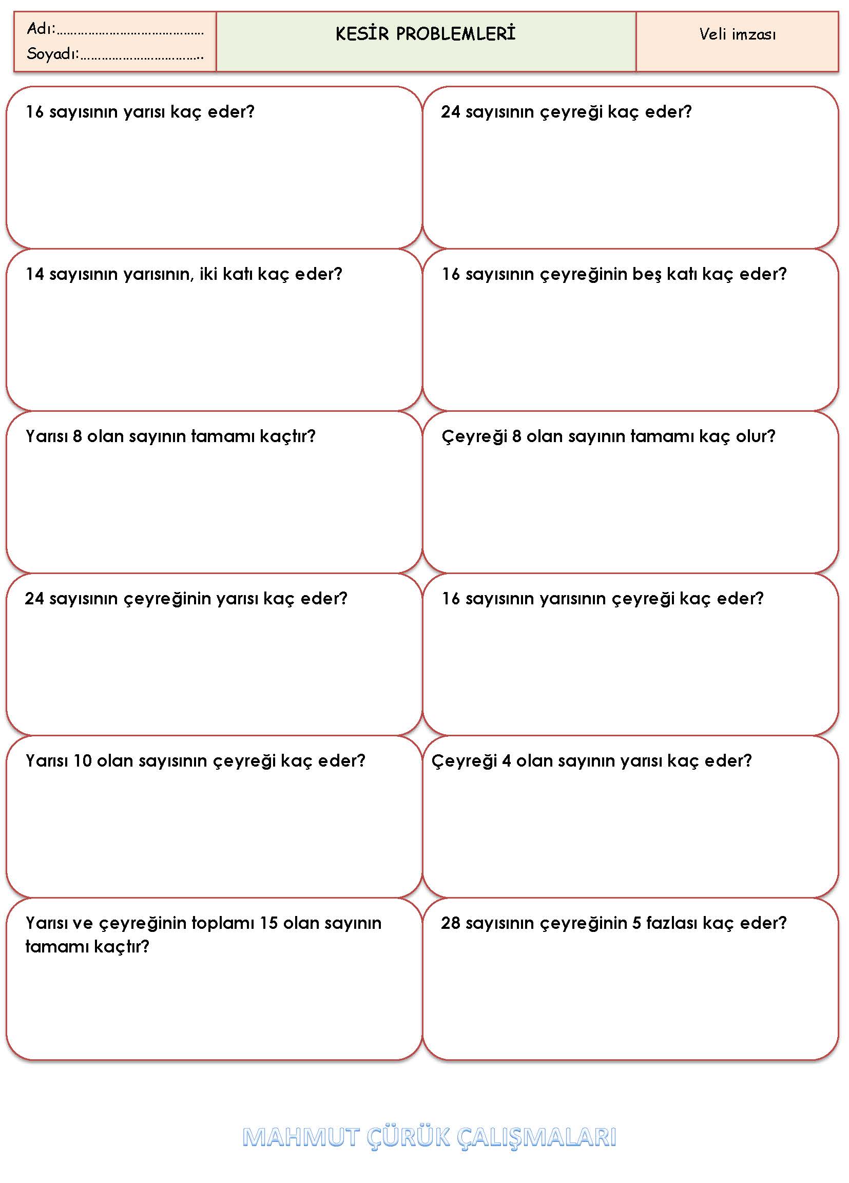 2. Sınıf Matematik Kesir Problemleri Etkinliği