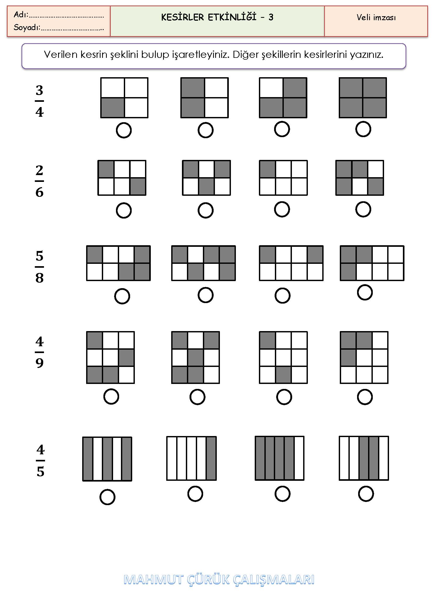 2. Sınıf Matematik Kesirler  Etkinliği-3