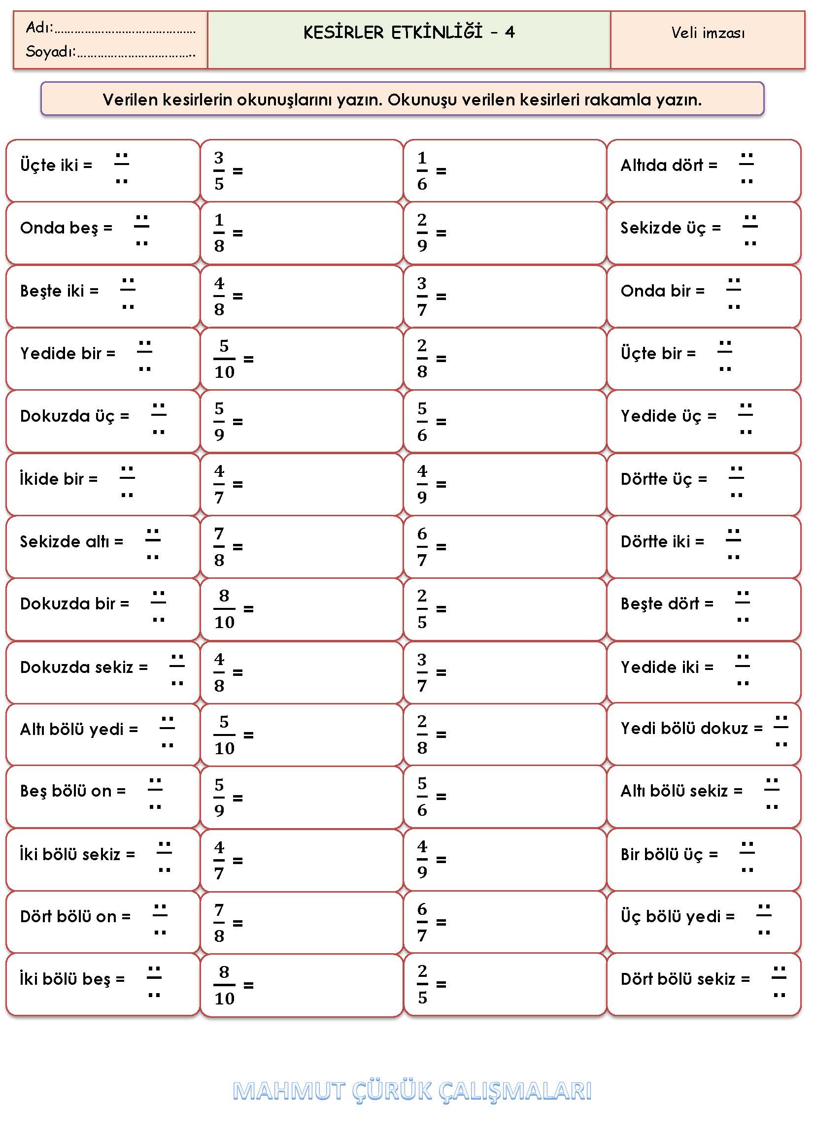 2. Sınıf Matematik Kesirler  Etkinliği-4