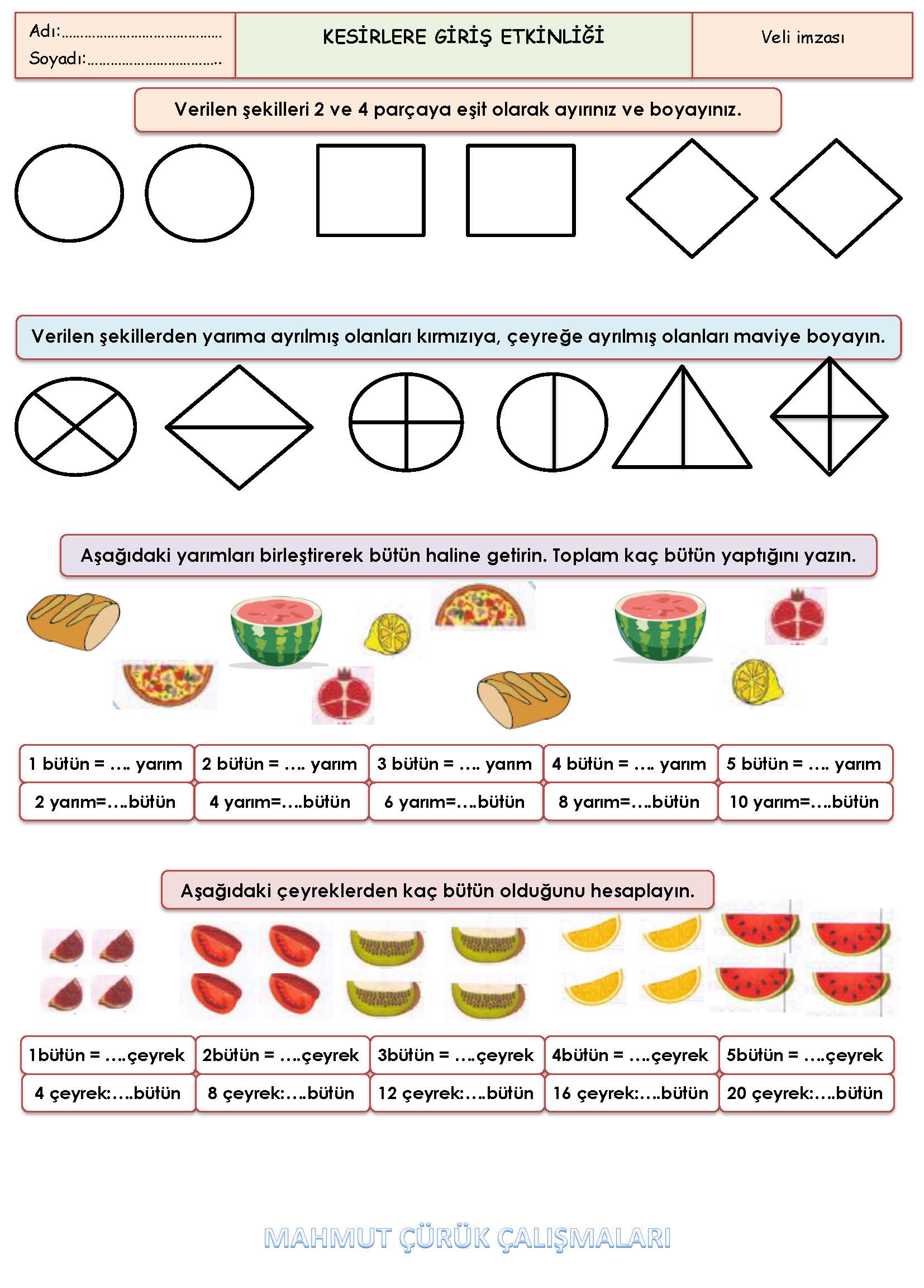 2. Sınıf Matematik Kesirlere Giriş Etkinliği