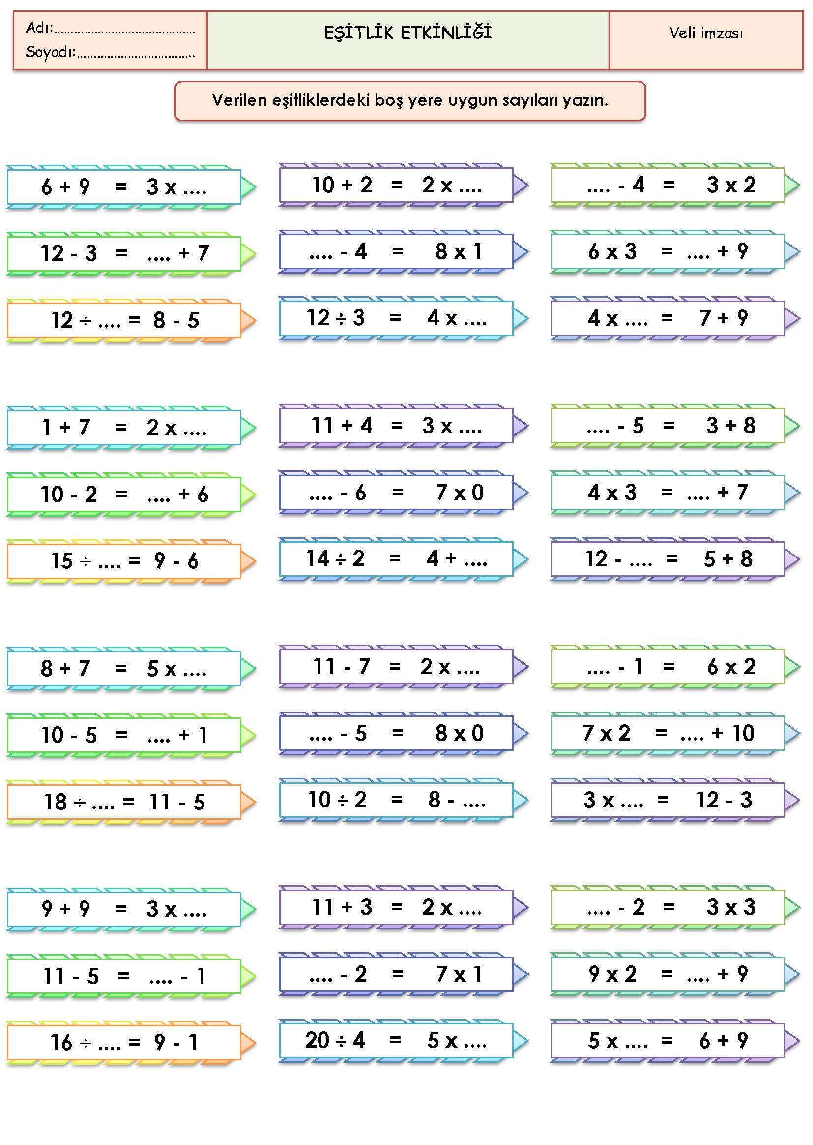 2. Sınıf Matematik Eşitlik Etkinliği