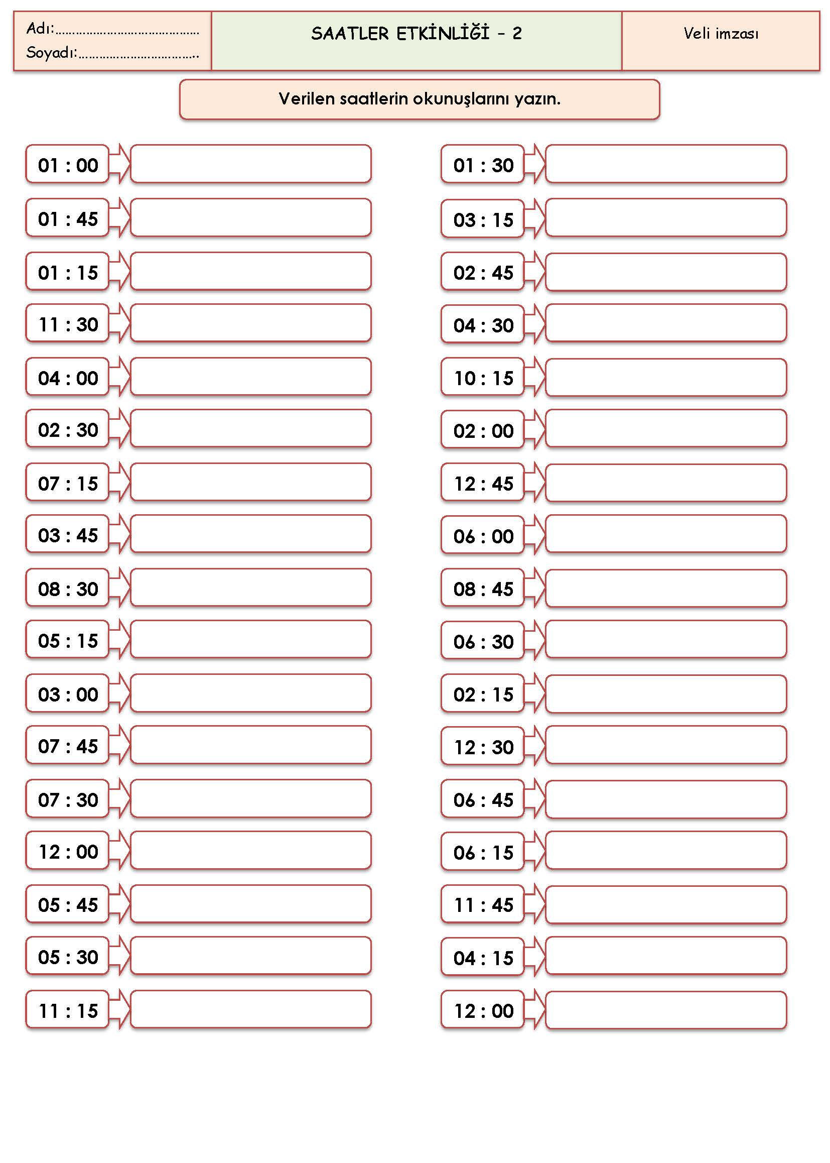 2. Sınıf Matematik Saatler Etkinliği -2