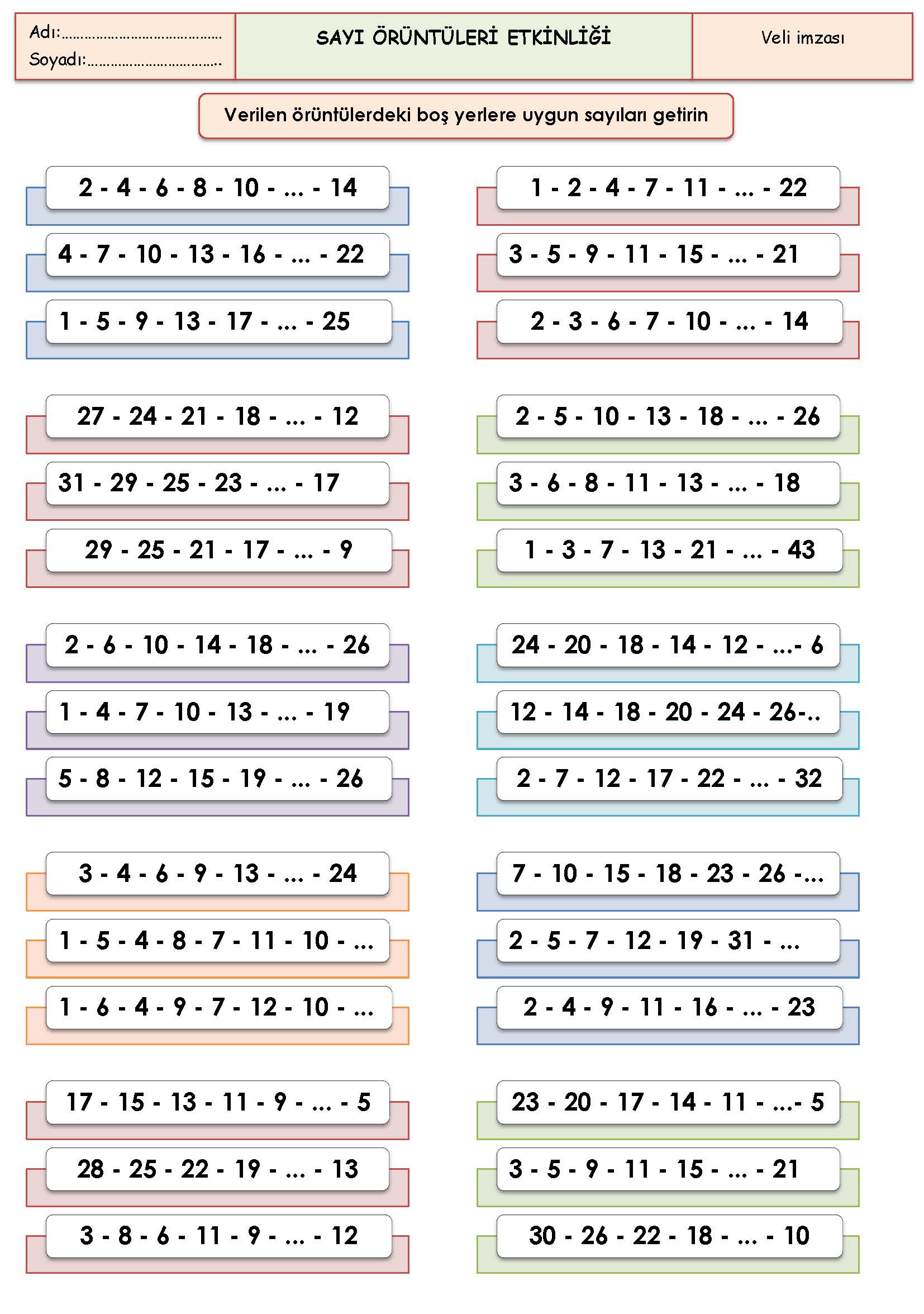 2. Sınıf Matematik Sayı Örüntüleri Etkinliği