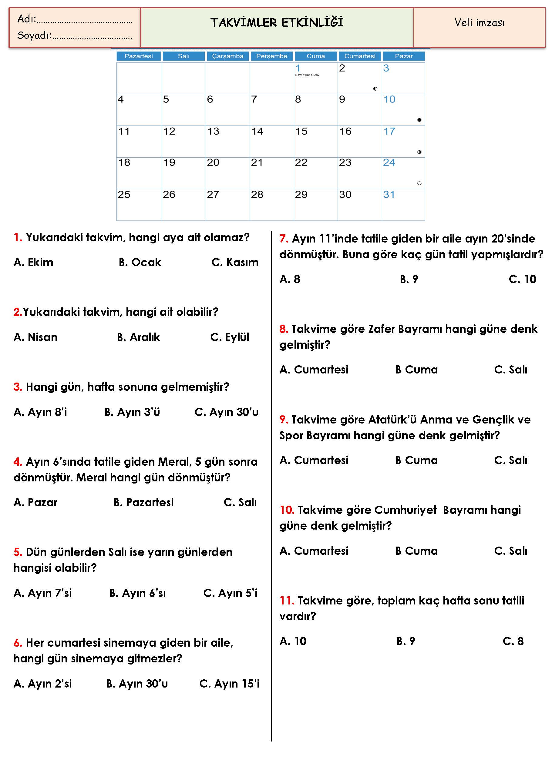 2. Sınıf Matematik Takvim Etkinliği