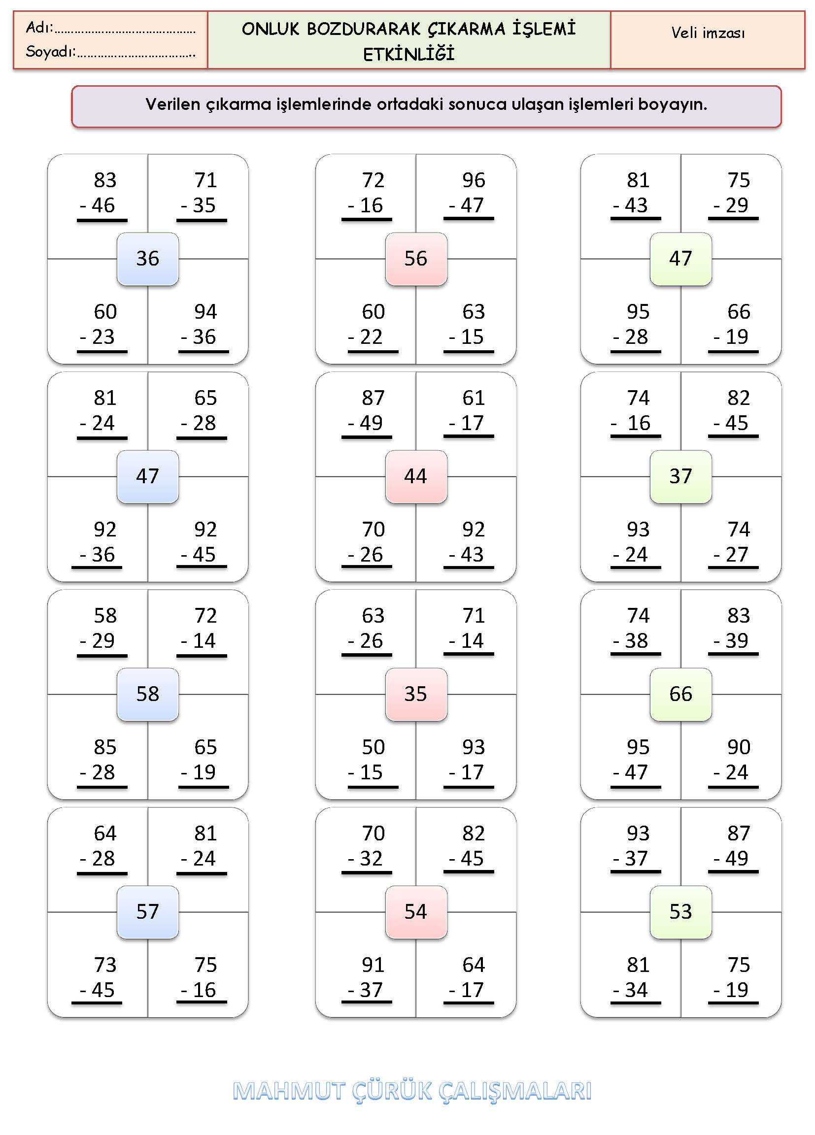 2. Sınıf Matematik Onluk Bozdurarak Çıkarma İşlemi Etkinliği