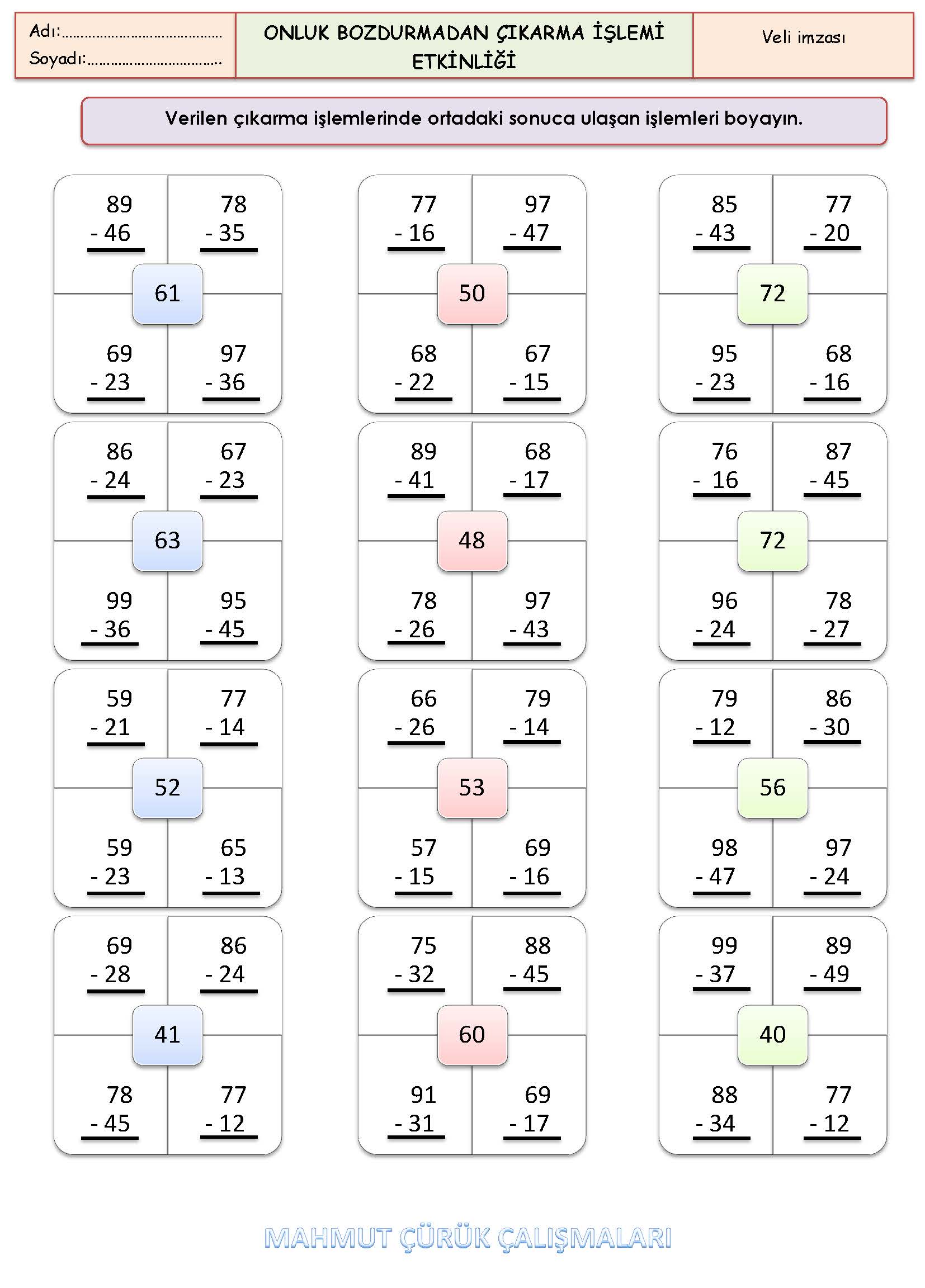 2. Sınıf Matematik Onluk Bozdurmadan Çıkarma İşlemi Etkinliği