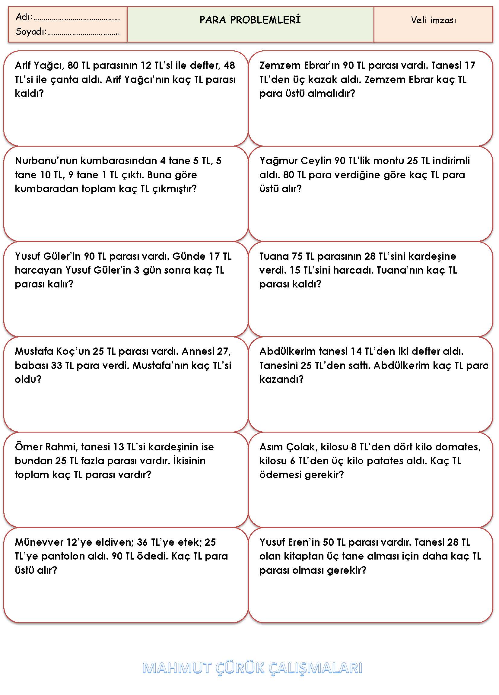 2. Sınıf Matematik Para Problemleri Etkinliği