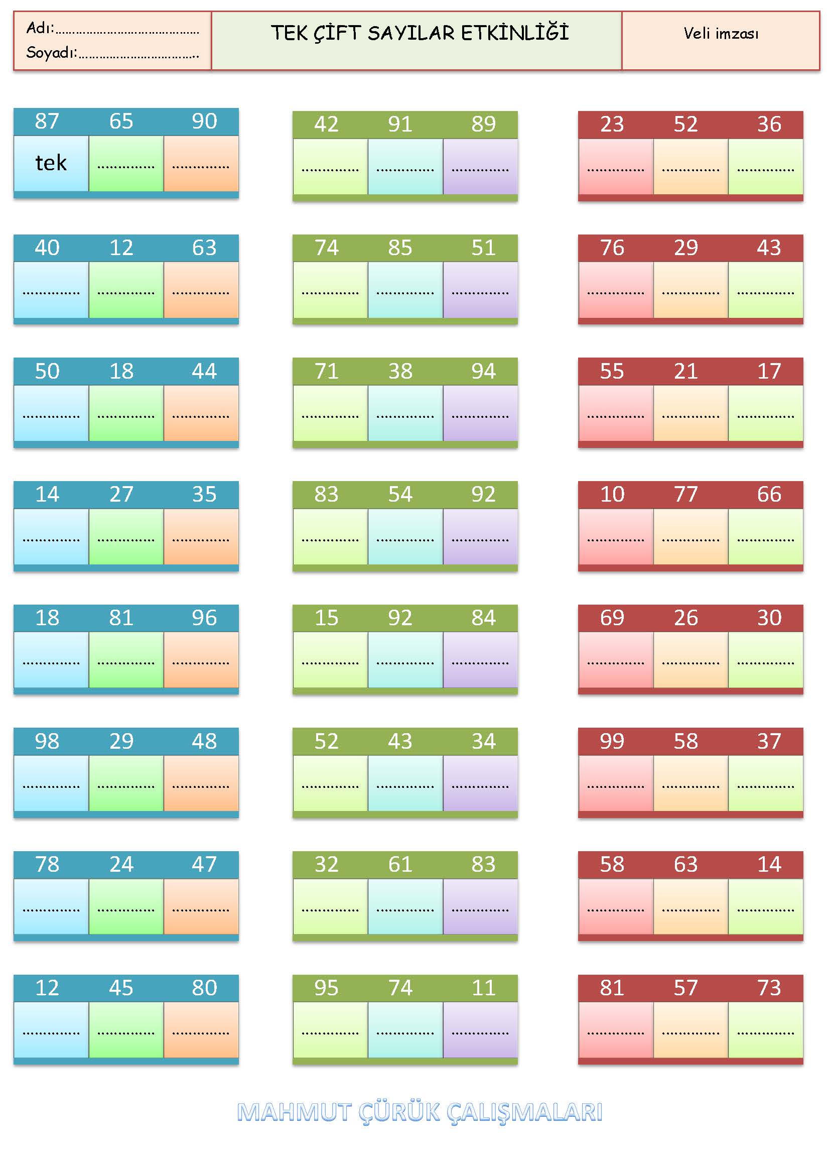 2. Sınıf Matematik Tek Çift Sayılar Etkinliği