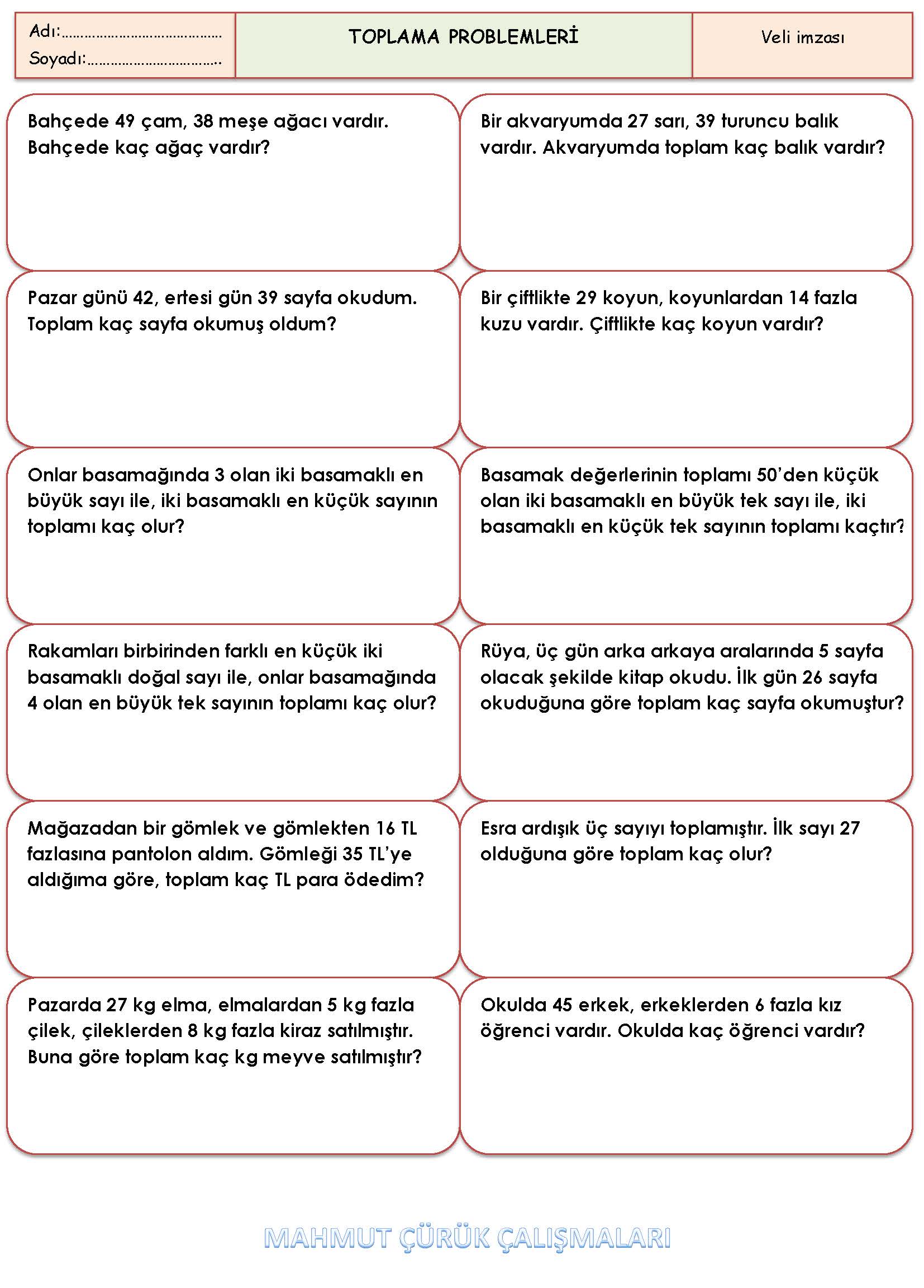 2. Sınıf Matematik Toplama Problemleri Etkinliği