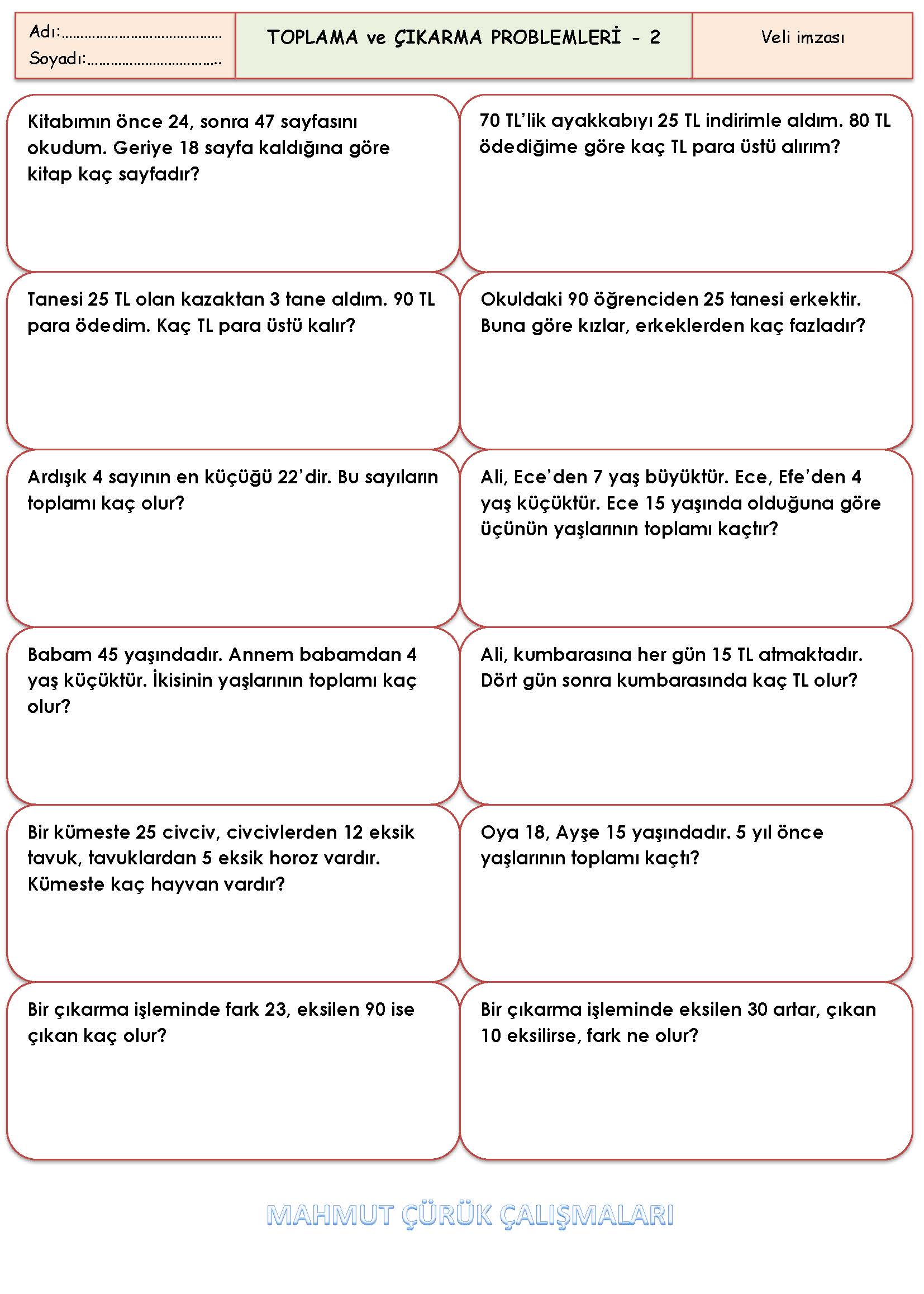 2. Sınıf Matematik Toplama ve Çıkarma Problemleri Etkinliği-2