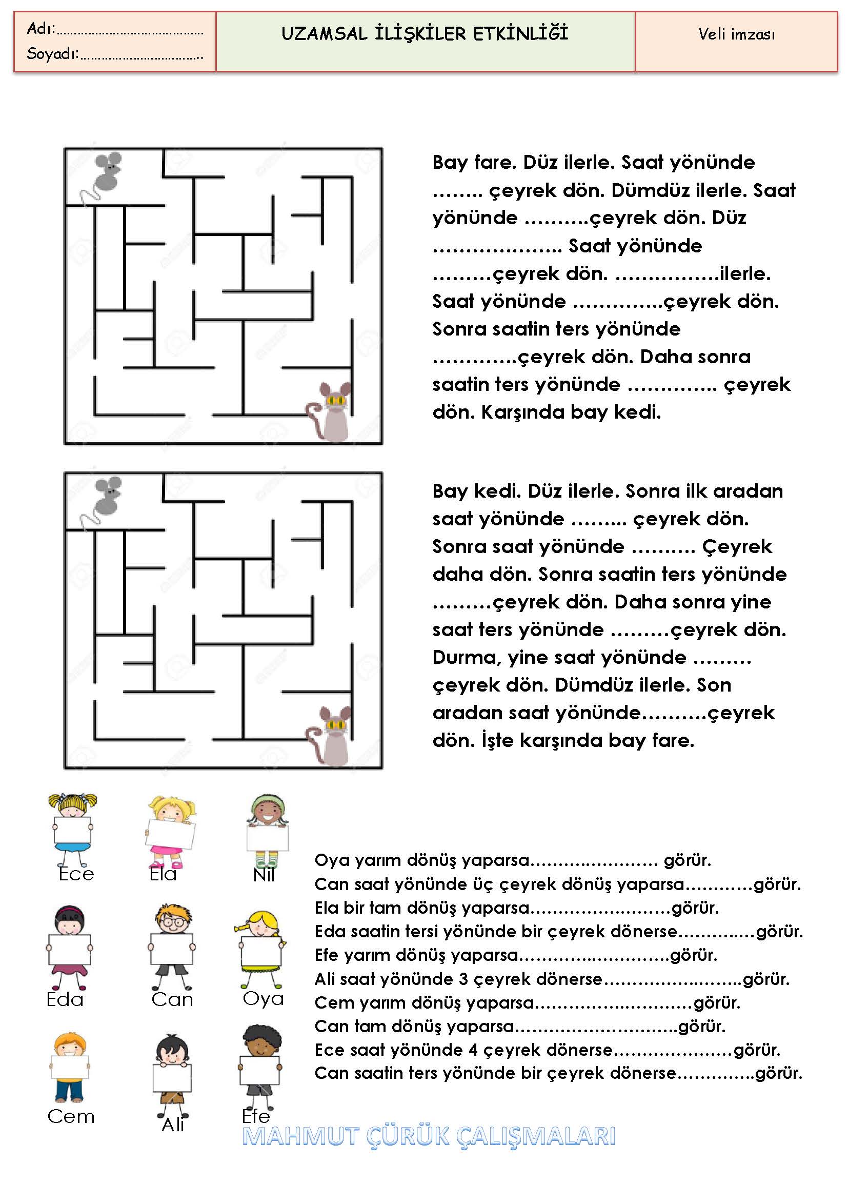 2. Sınıf Matematik Uzamsal İlişkiler Etkinliği