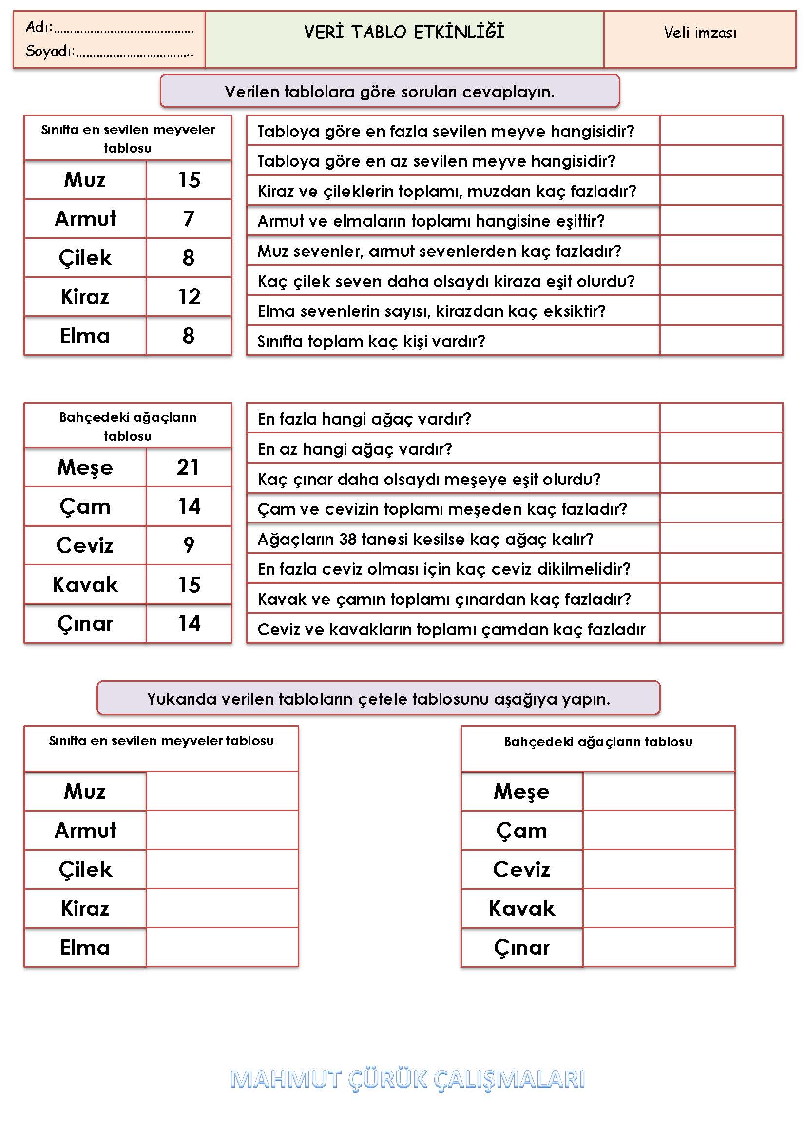 2. Sınıf Matematik Veri Tablo Etkinliği Etkinliği