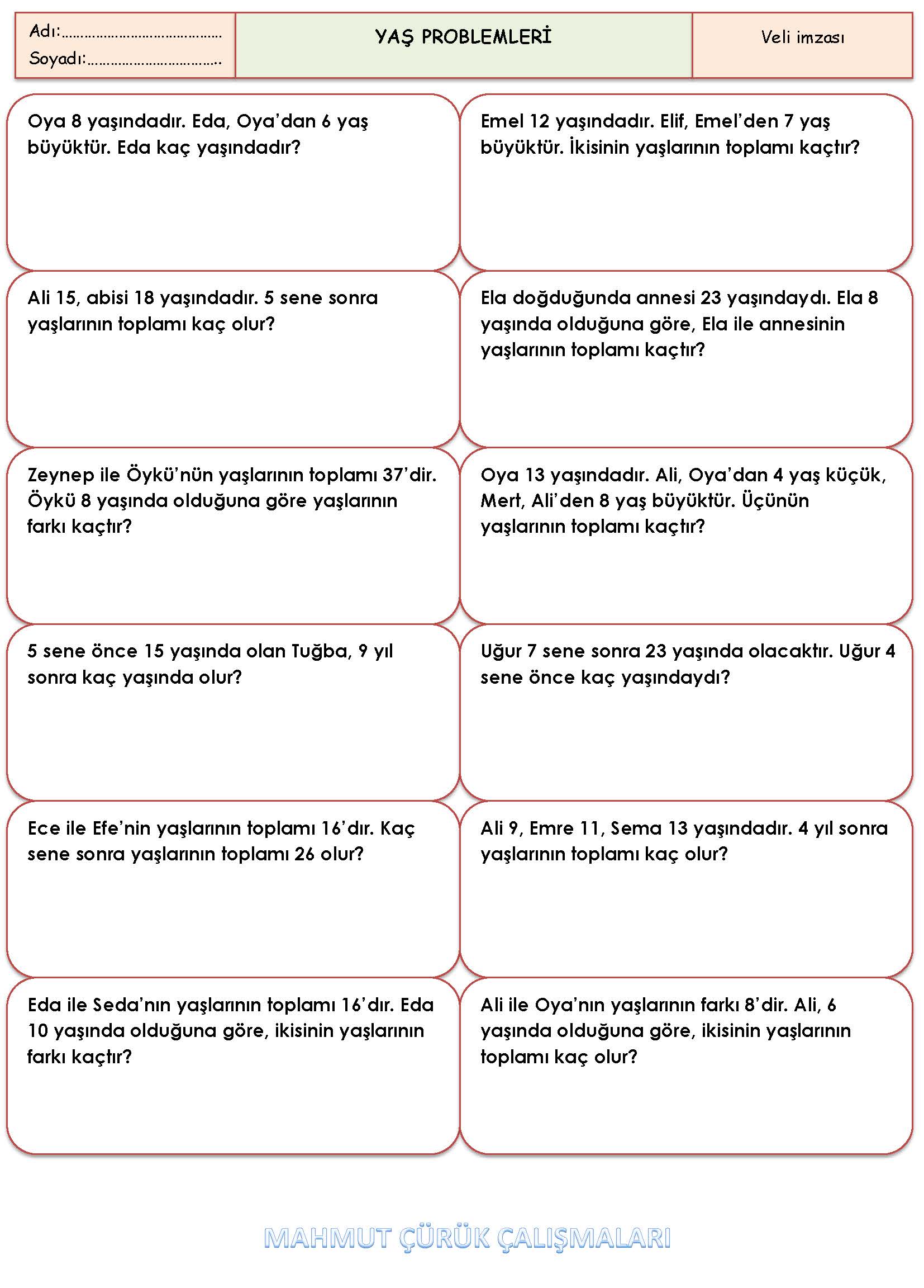 2. Sınıf Matematik Yaş Problemleri Etkinliği