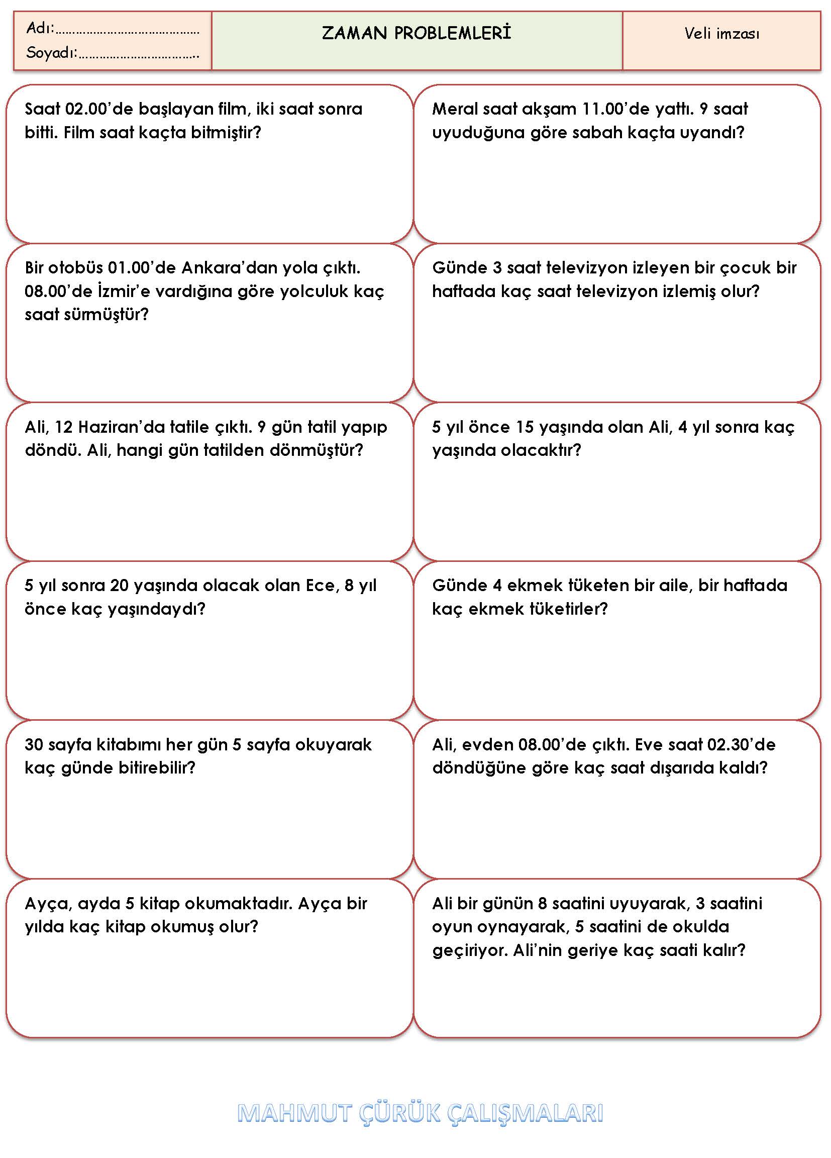 2. Sınıf Matematik Zaman Problemleri Etkinliği