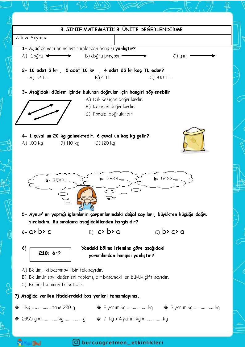 3.SINIF MATEMATİK 3.ÜNİTE DEĞERLENDİRME