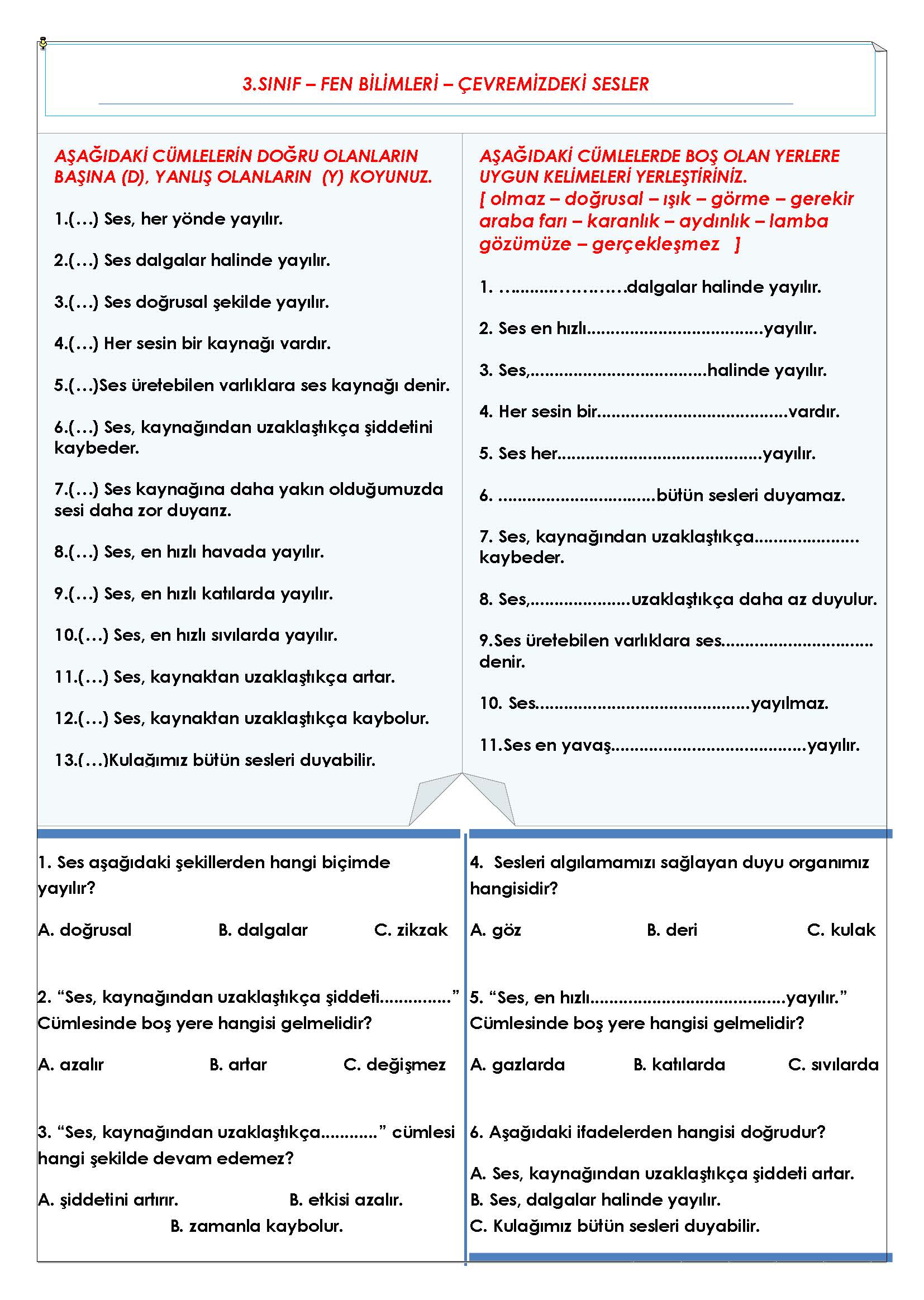 3. Sınıf Fen Bilimleri Çevremizdeki Sesler Etkinliği