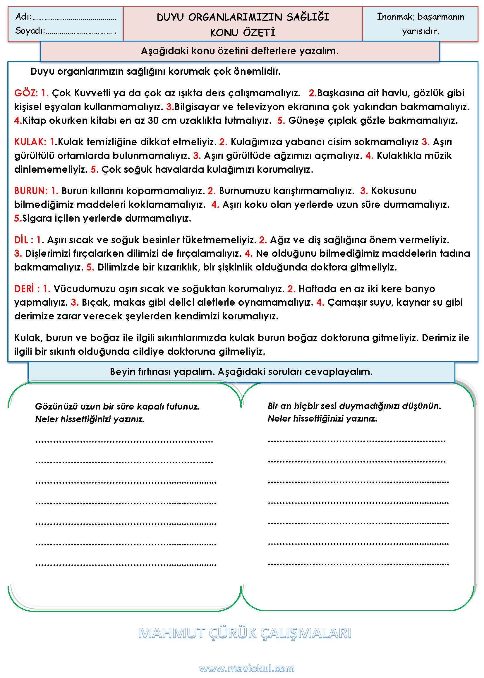 3. Sınıf Fen Bilimleri Duyu Organlarımızın Sağlığı Konu Özeti