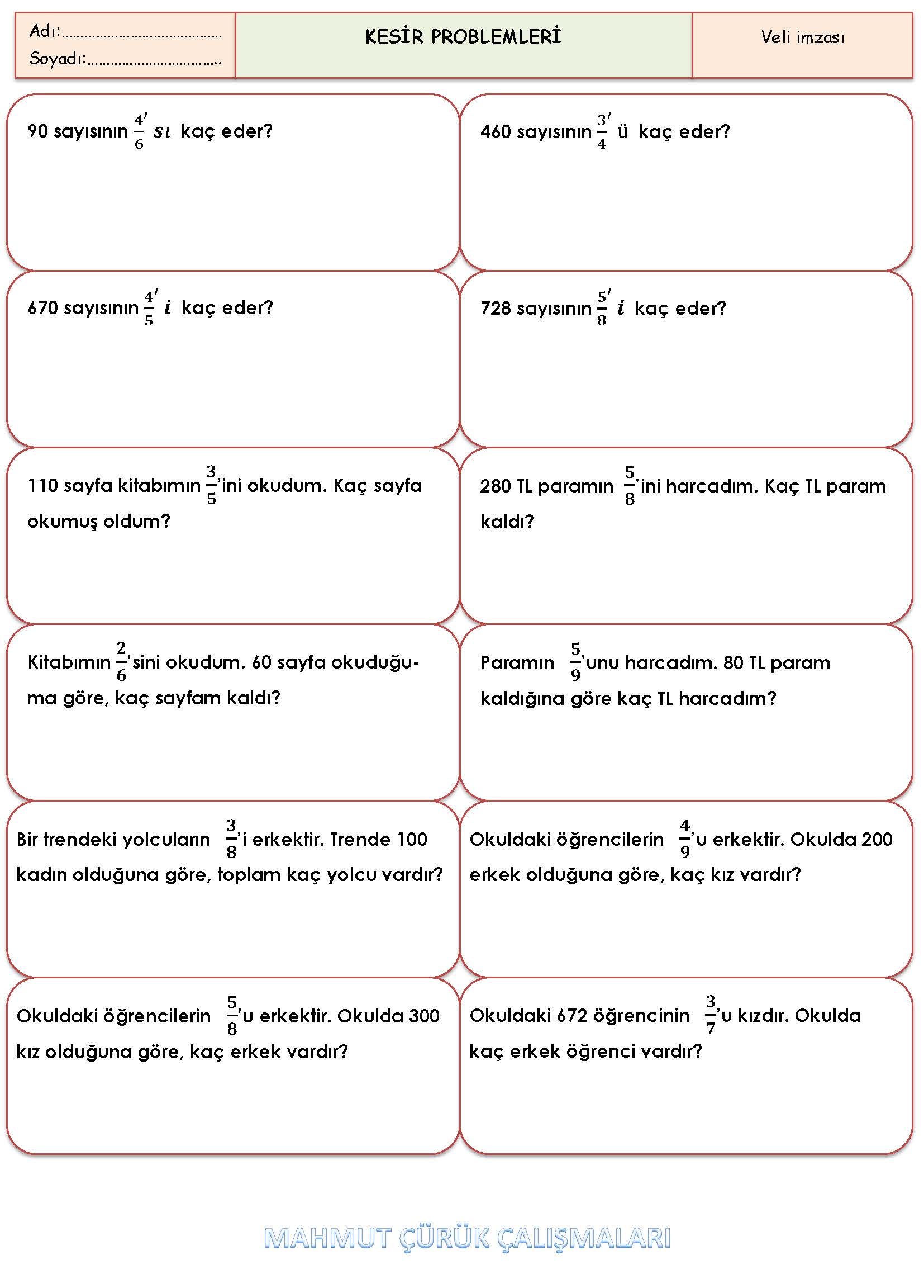 3. Sınıf Matematik Kesir Problemleri