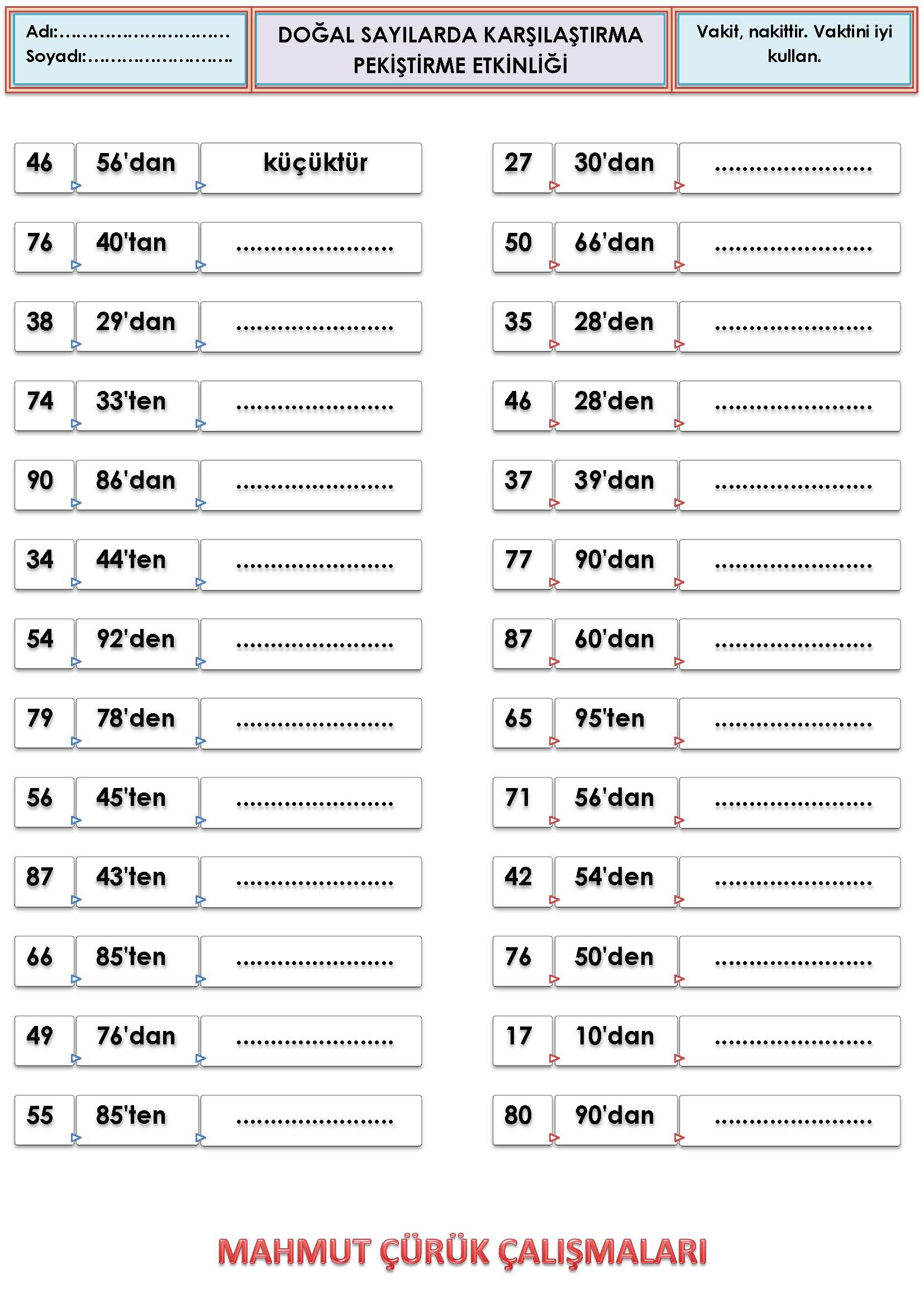 2. Sınıf Matematik Doğal Sayılarda Karşılaştırma Pekiştirme Etkinliği