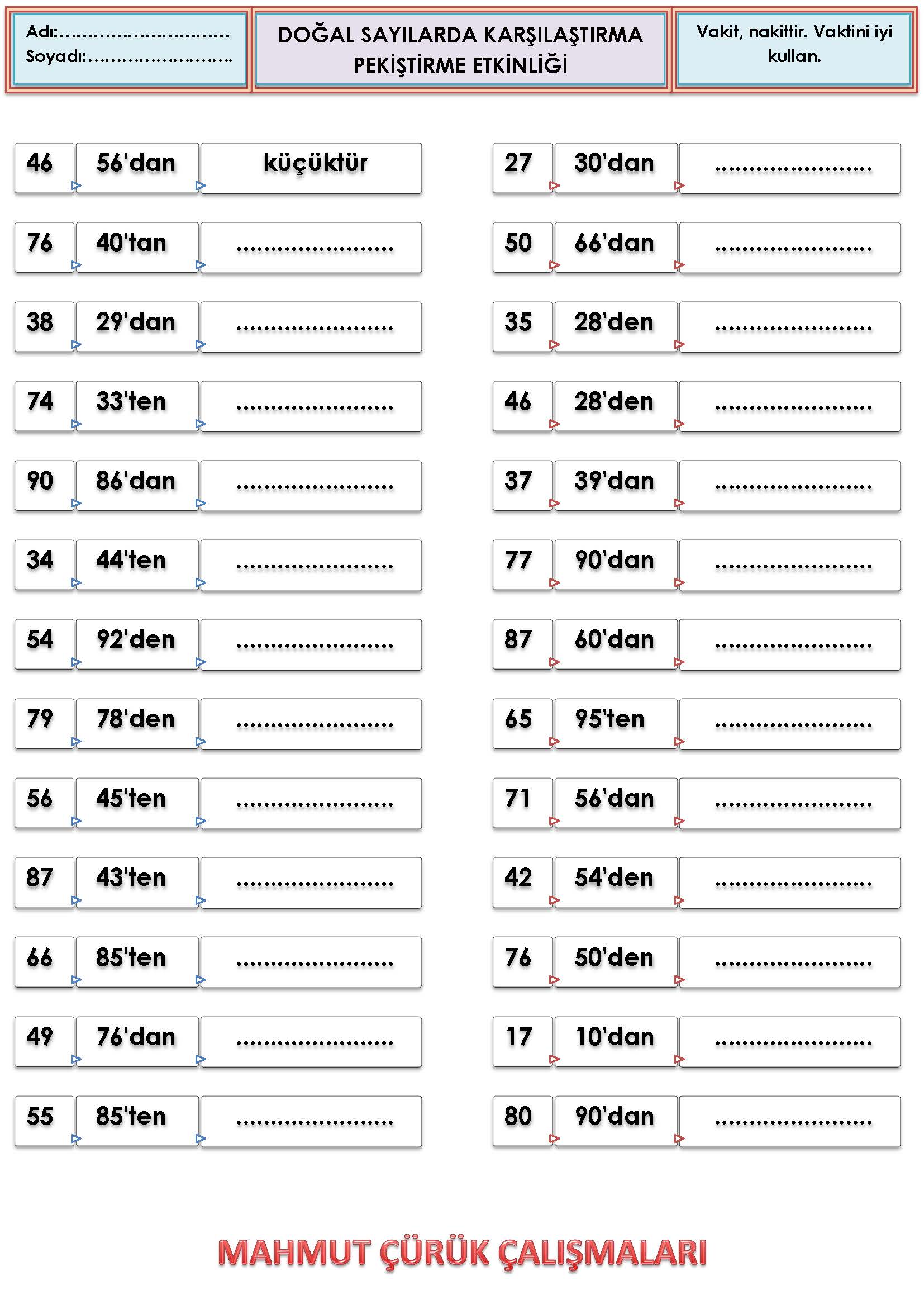 2. Sınıf Matematik Doğal Sayılarda Karşılaştırma Pekiştirme Etkinliği