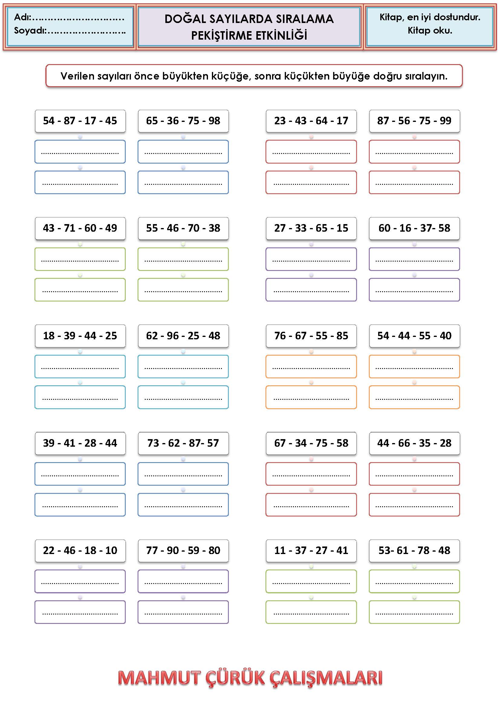 2. Sınıf Matematik Doğal Sayılarda Sıralama Pekiştirme Etkinliği