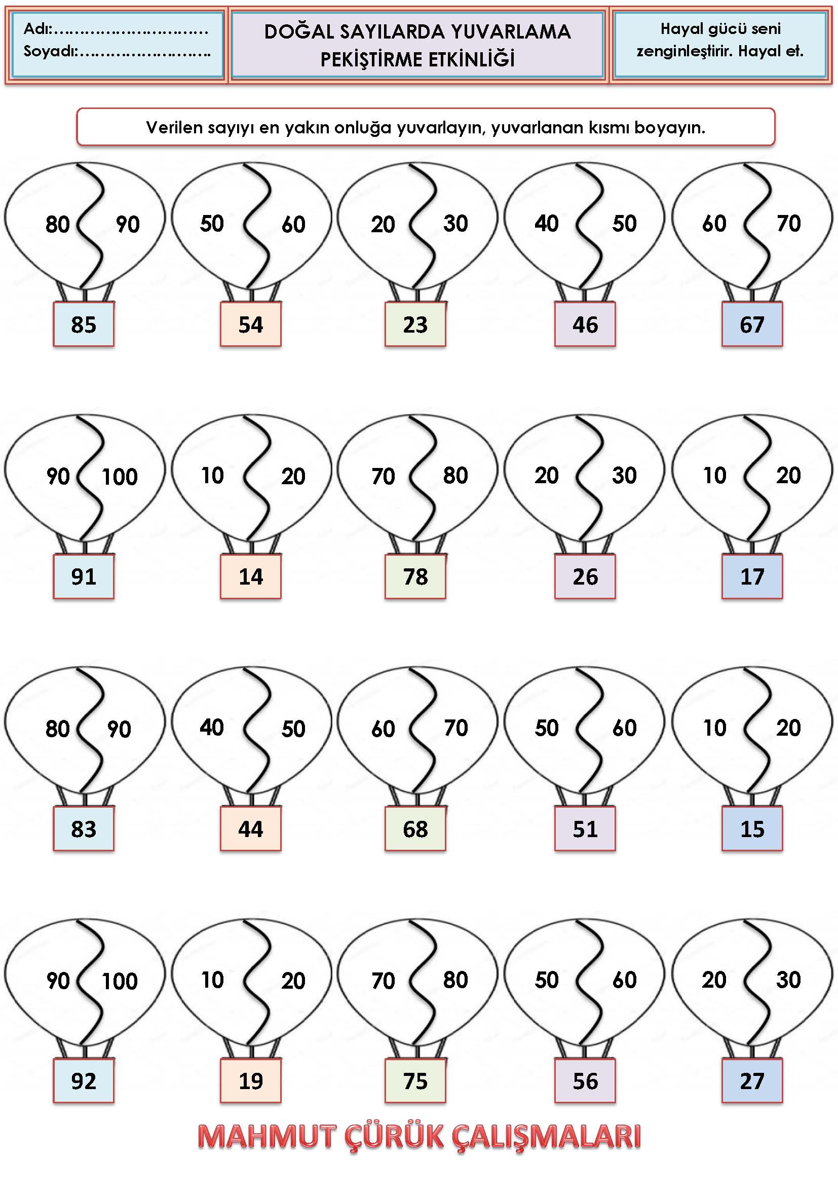 2. Sınıf Matematik Doğal Sayılarda Yuvarlama Pekiştirme Etkinliği