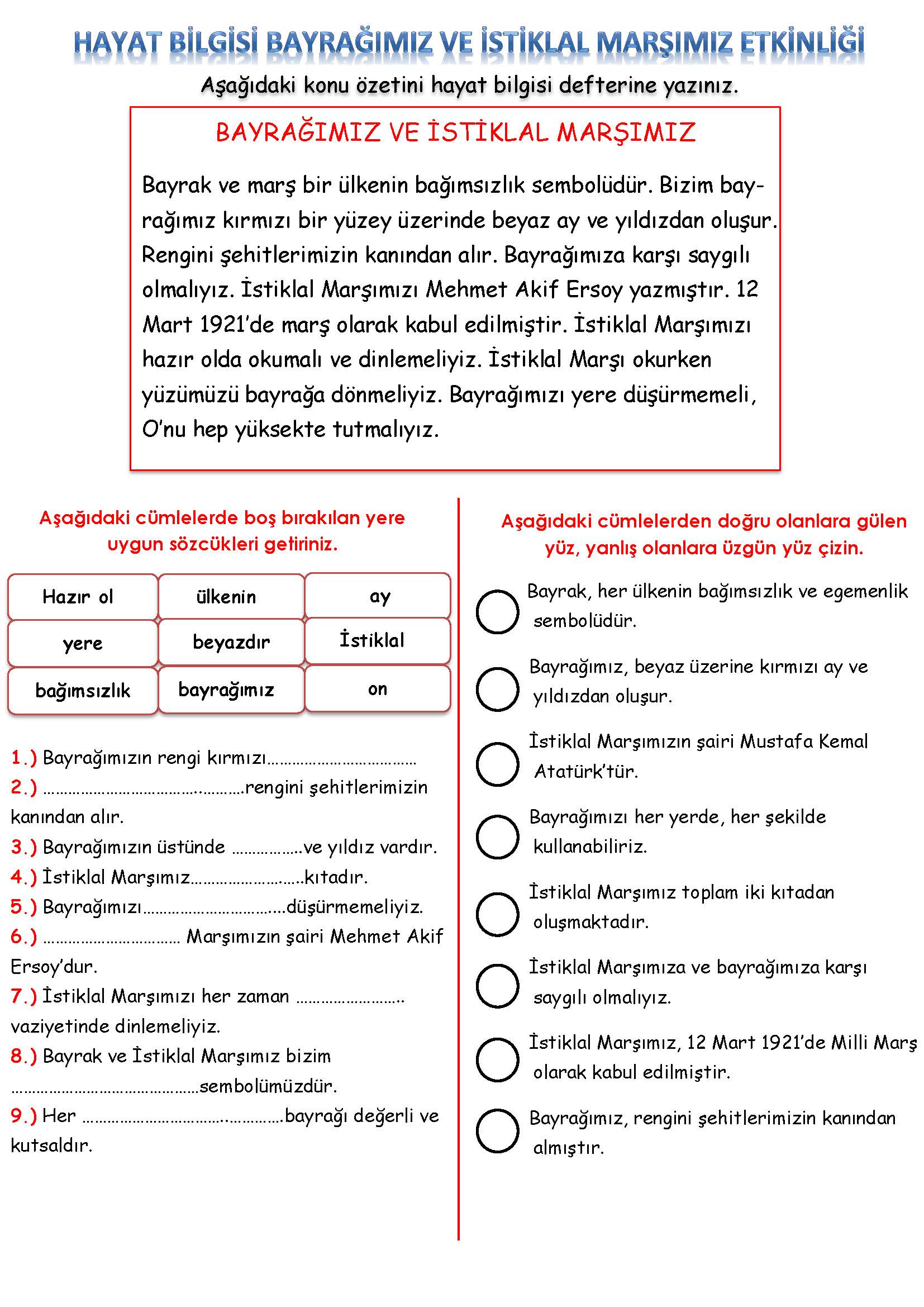 2. Sınıf Hayat Bilgisi Bayrağımız ve İstiklal Marşımız Etkinliği