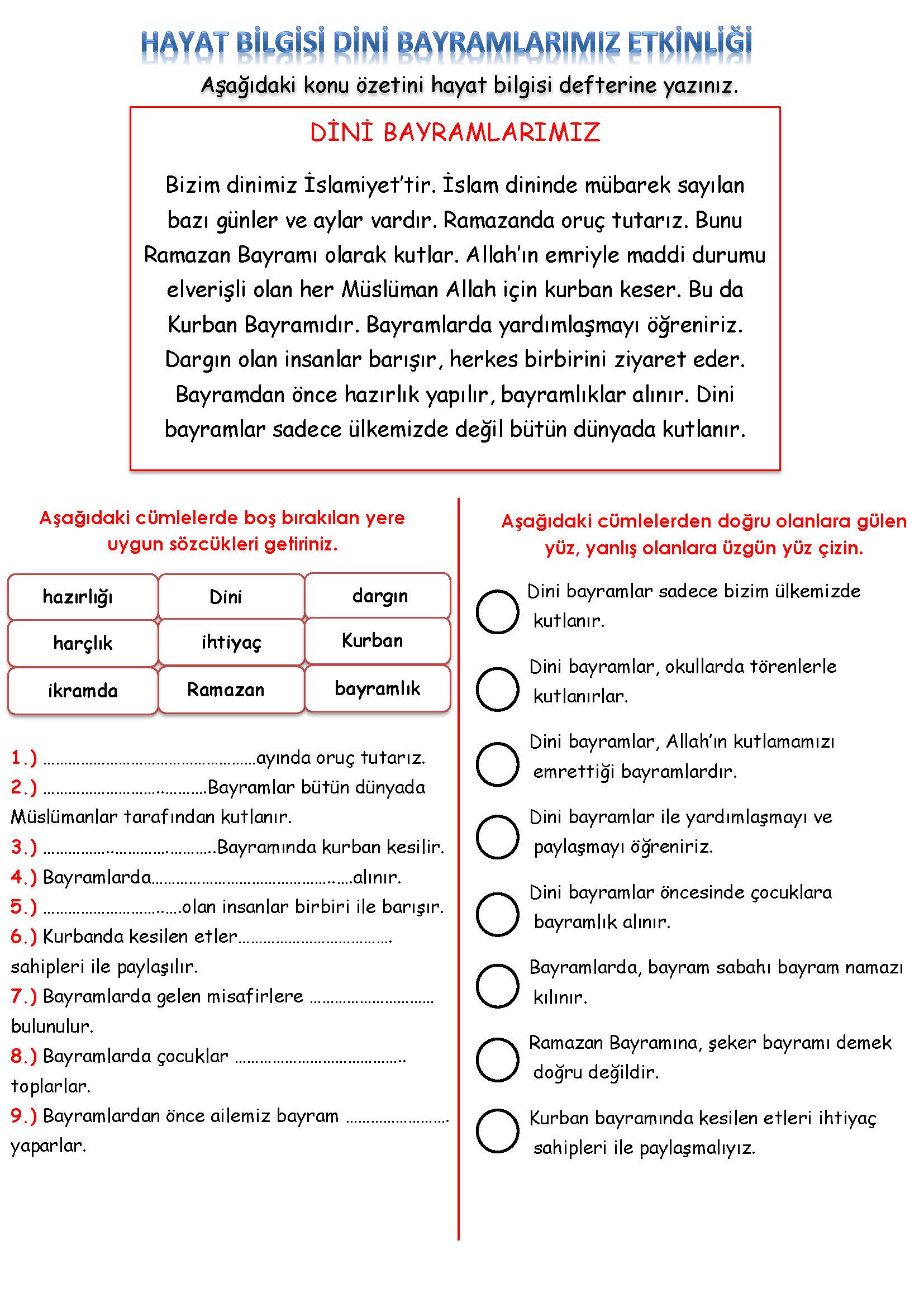 2. Sınıf Hayat Bilgisi Dini Bayramlarımız Etkinliği