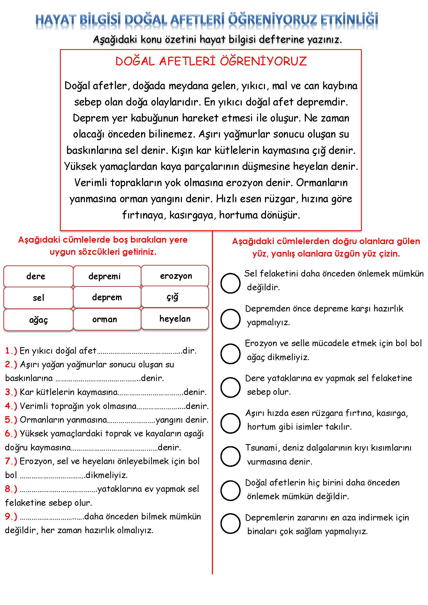 2. Sınıf Hayat Bilgisi Doğal Afetleri Öğreniyoruz Etkinliği